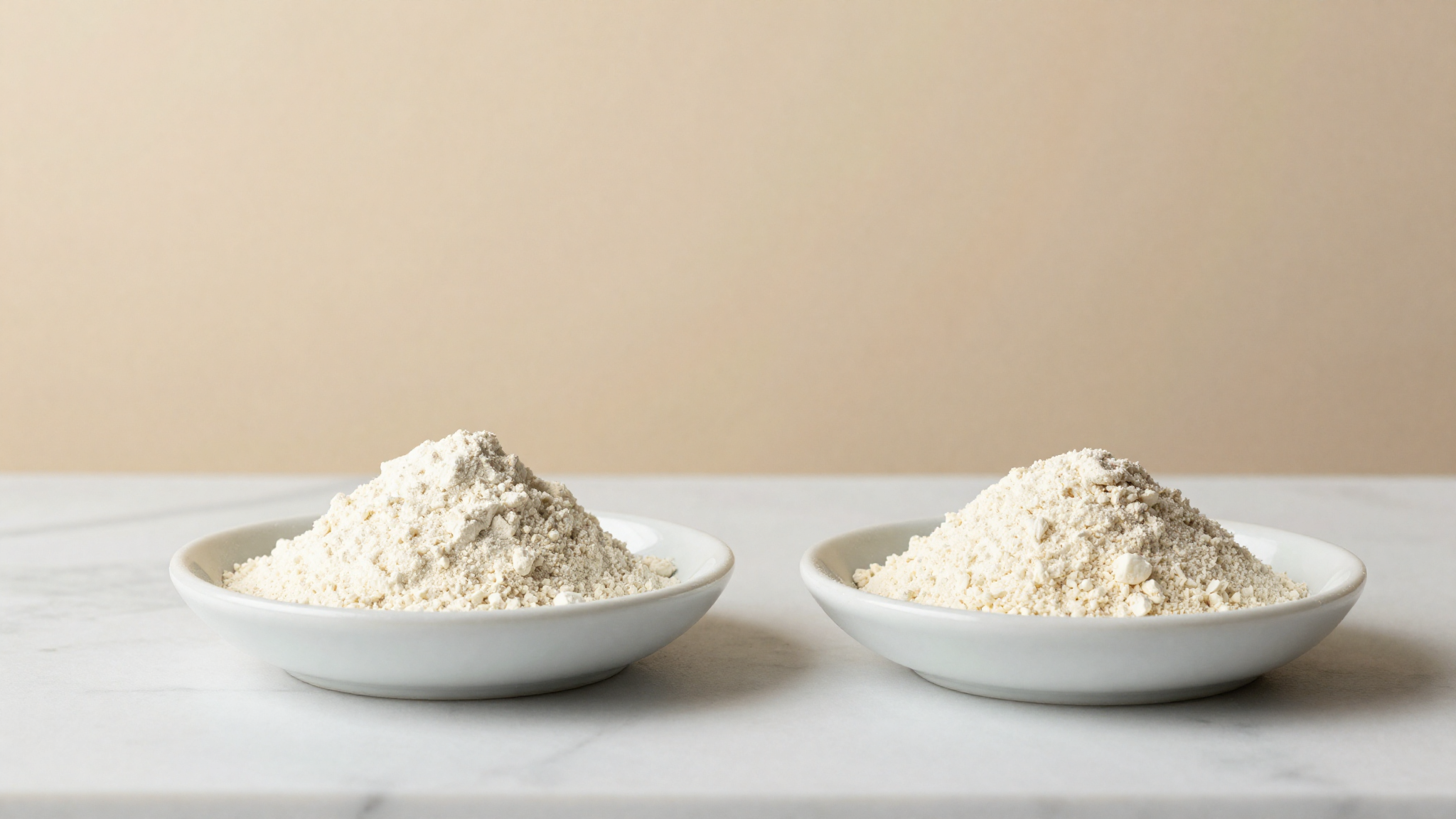 Two small ceramic dishes of fine pale stabiliser powder side by side on white marble, guar gum and tara gum compared