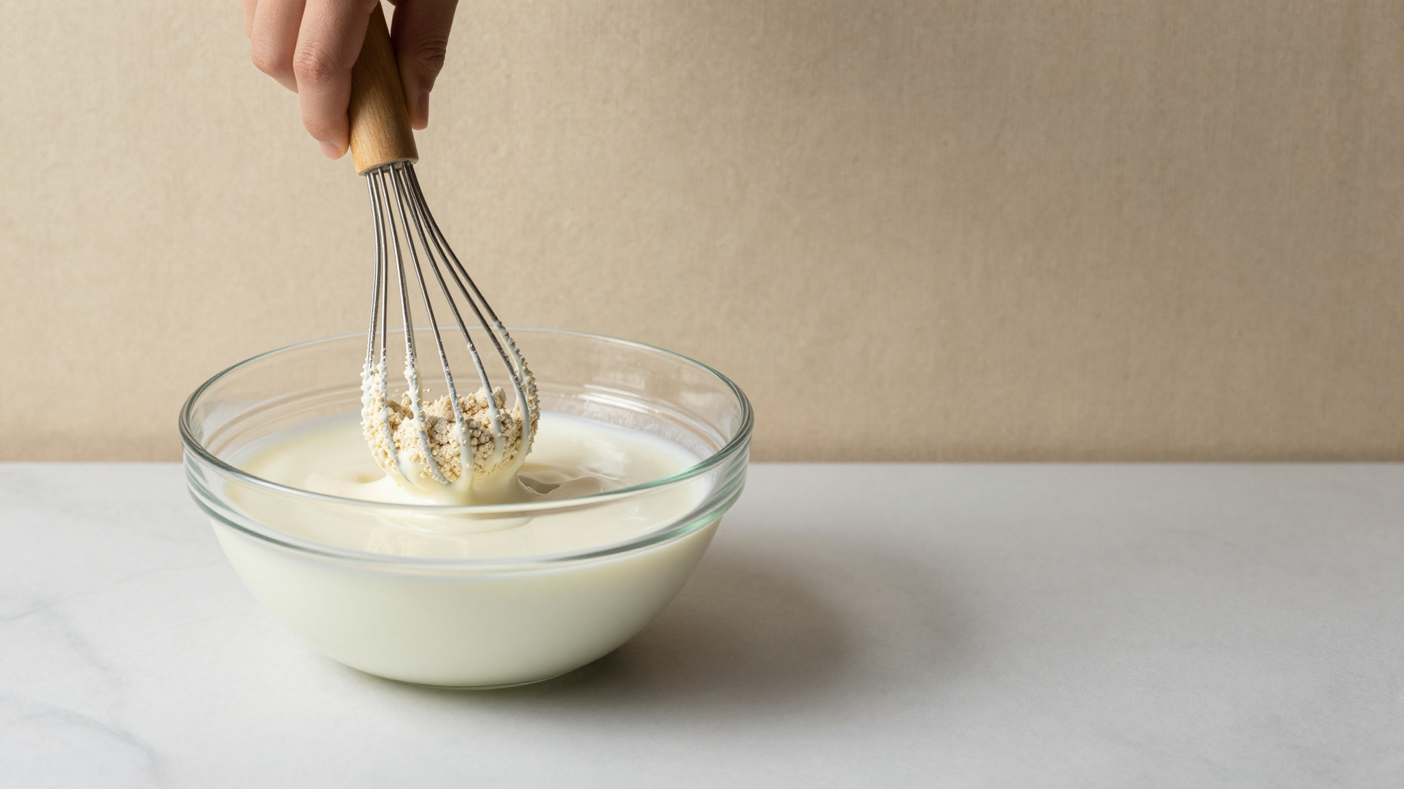 Fine stabiliser powder being whisked into a bowl of milk, hydrating into a smooth thickened base