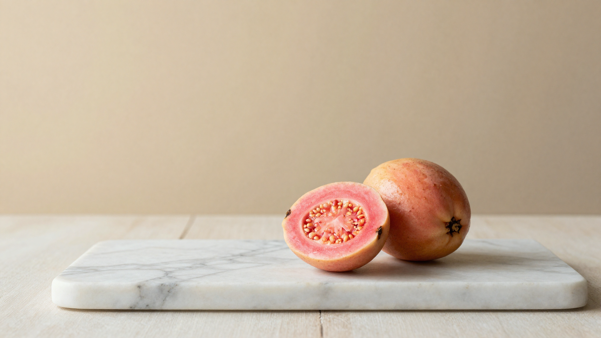 Fresh pink guavas halved on marble showing rosy seeded flesh