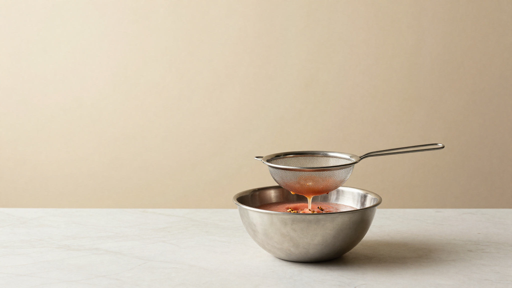 Rosy guava puree being strained through a fine mesh sieve into a stainless bowl