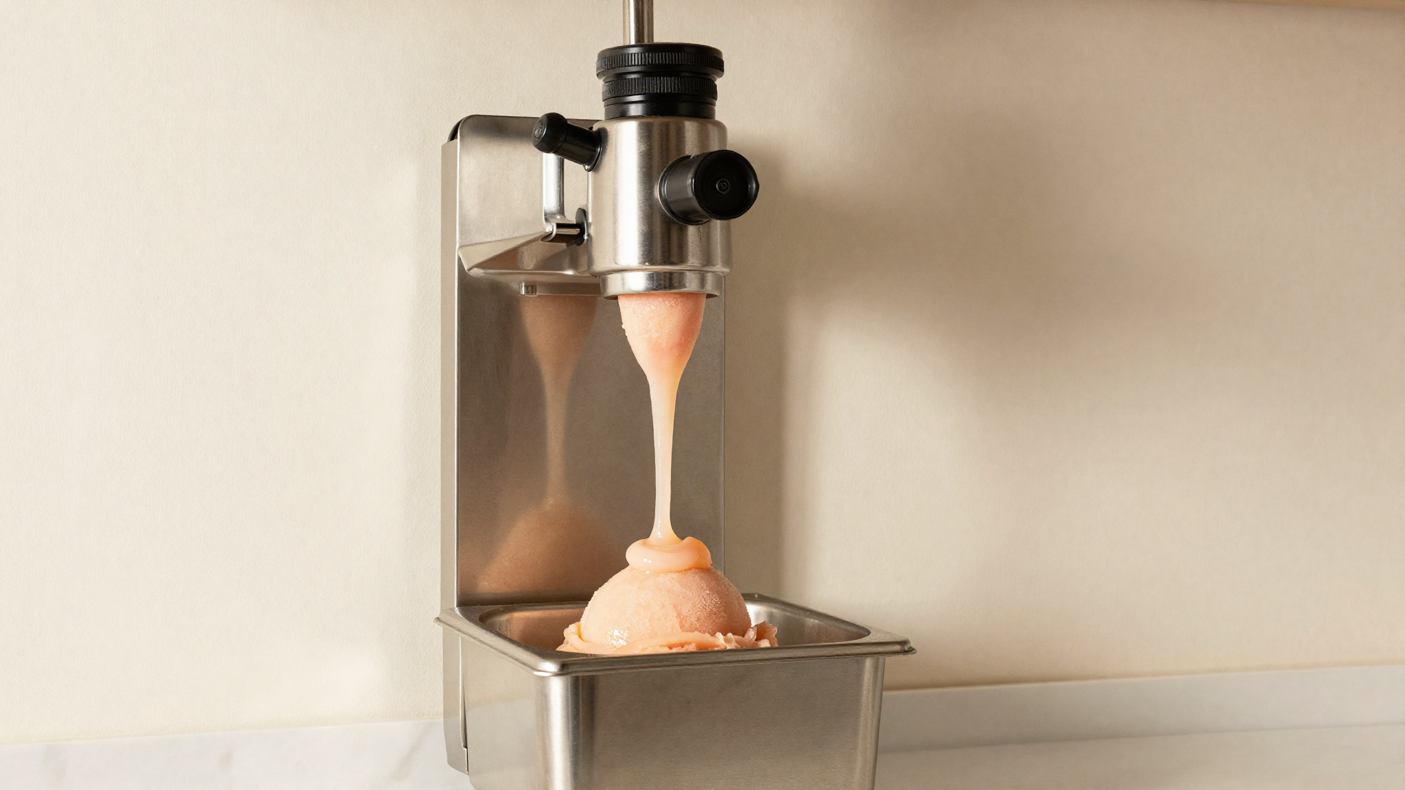 Pale pink guava sorbetto being drawn from a batch freezer into a gelato pan