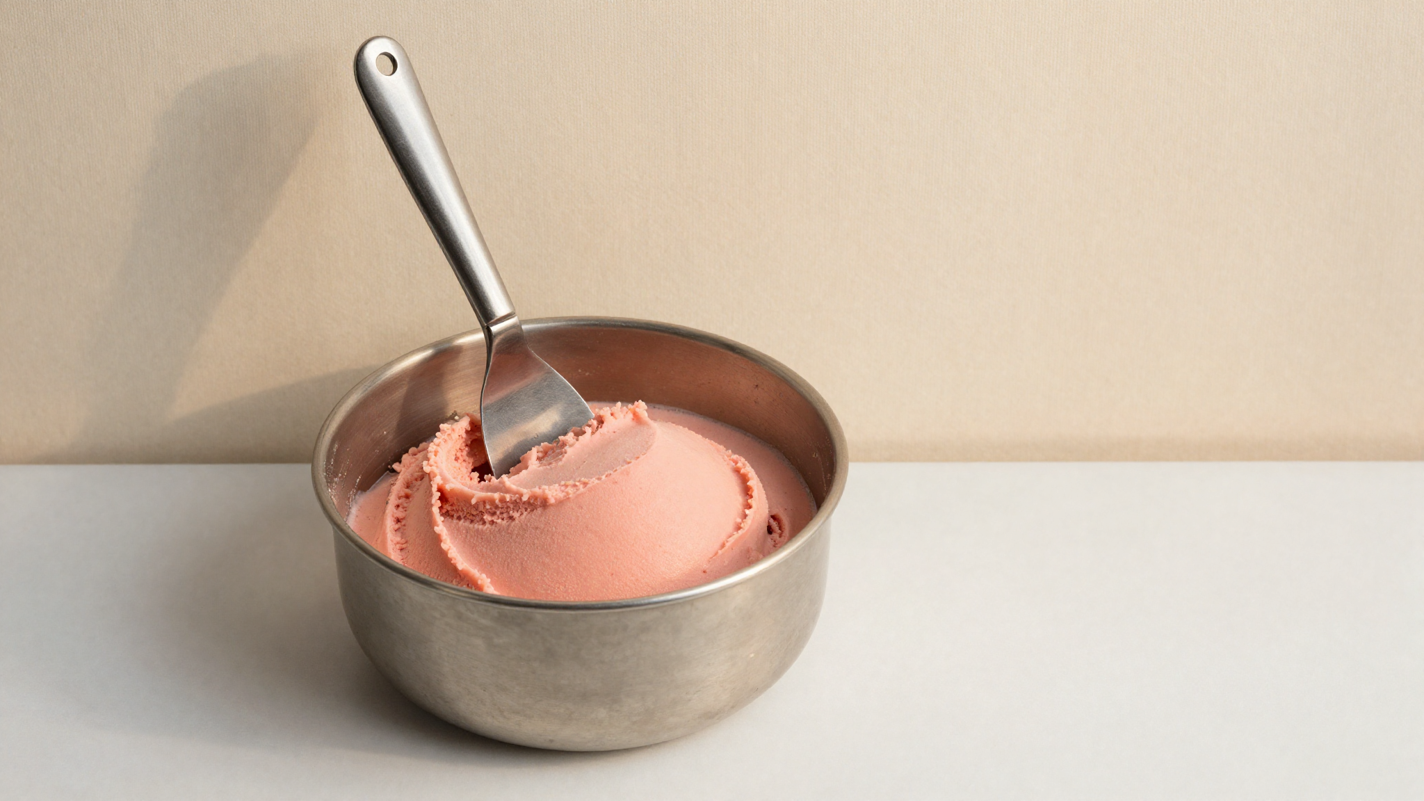 A stainless pan of pale pink guava sorbetto with a clean spatula sweep across the surface