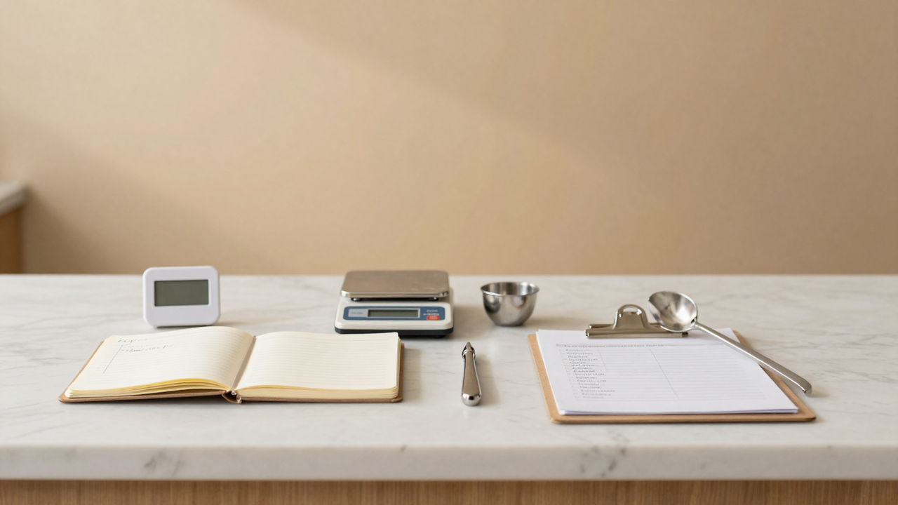 Gelato lab counter with HACCP records notebook, thermometer, and calibration tools on a marble surface in warm light