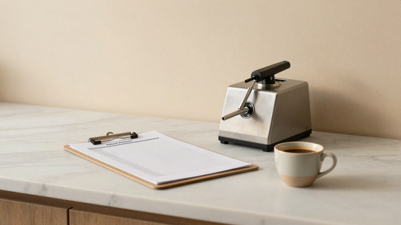 Inline — folded one-page hazard analysis printed on a clipboard next to a pasteurizer