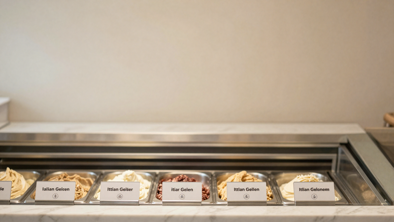Inline — vetrina labels with allergen declarations visible per flavor