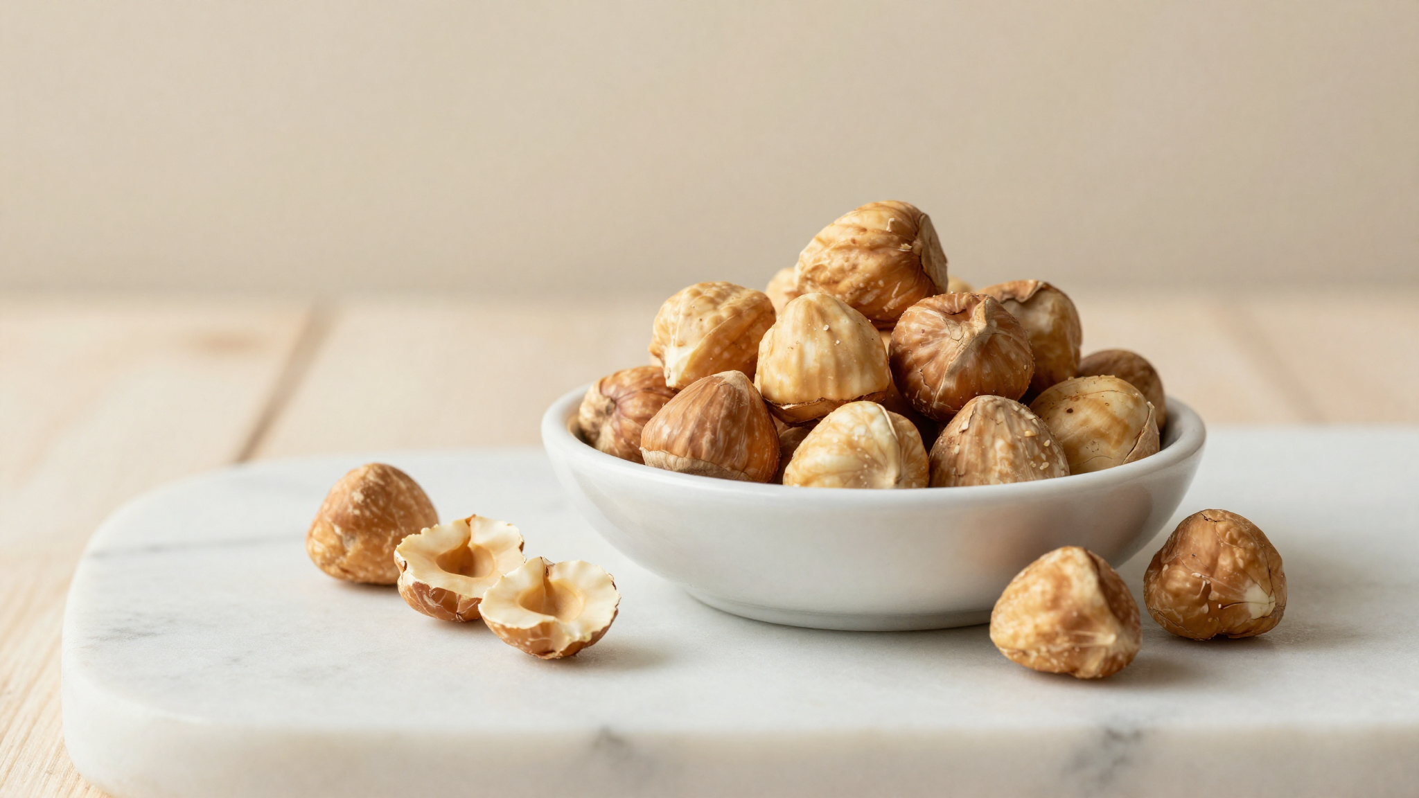 Whole roasted hazelnuts piled in a small white ceramic bowl on marble with cracked hazelnut halves nearby