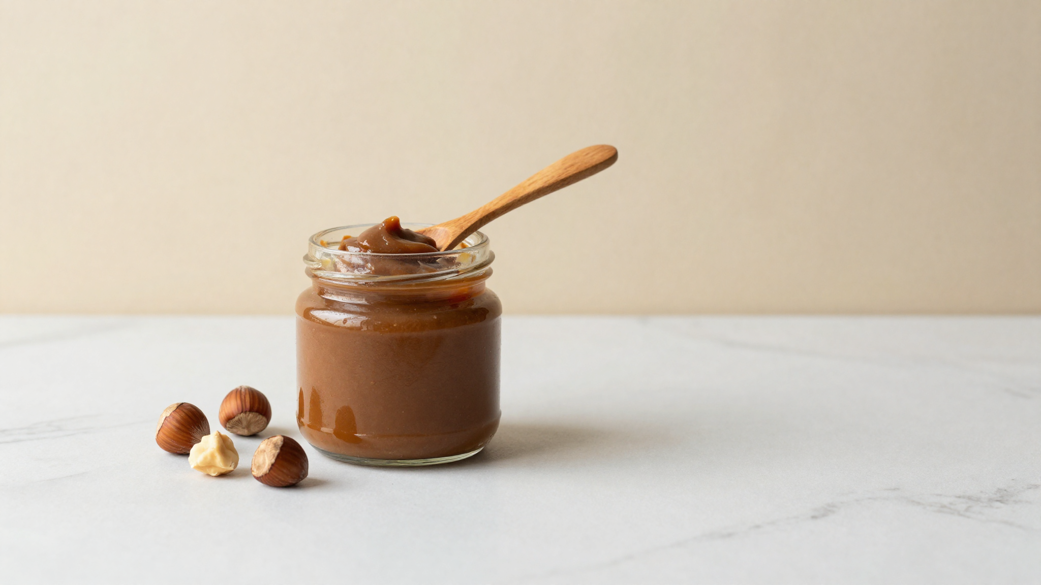 Open jar of glossy brown hazelnut paste with a wooden spoon on marble beside whole roasted hazelnuts