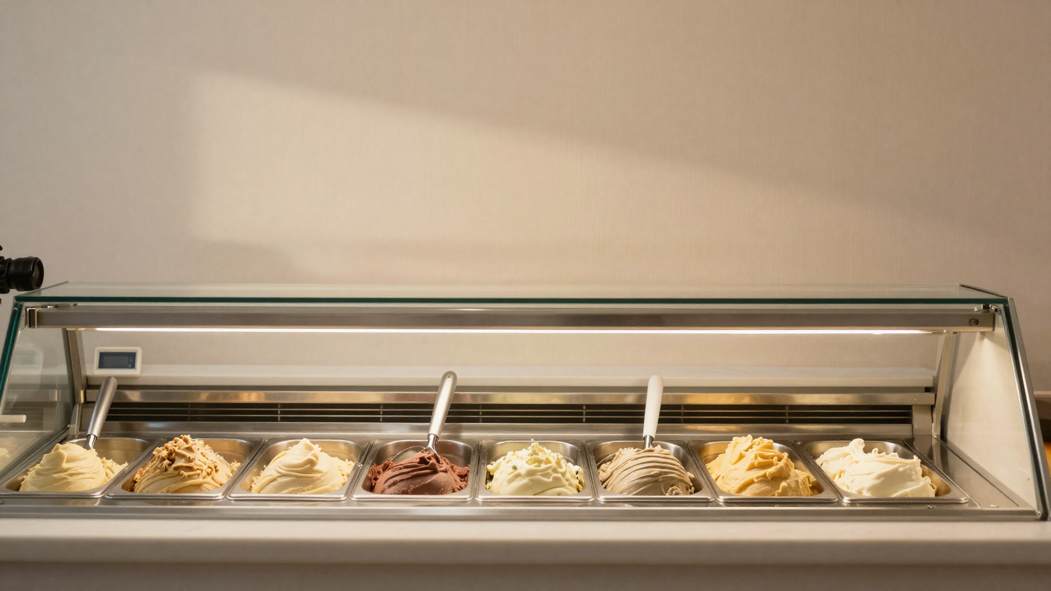Italian gelato showcase with stainless pans and thermometer