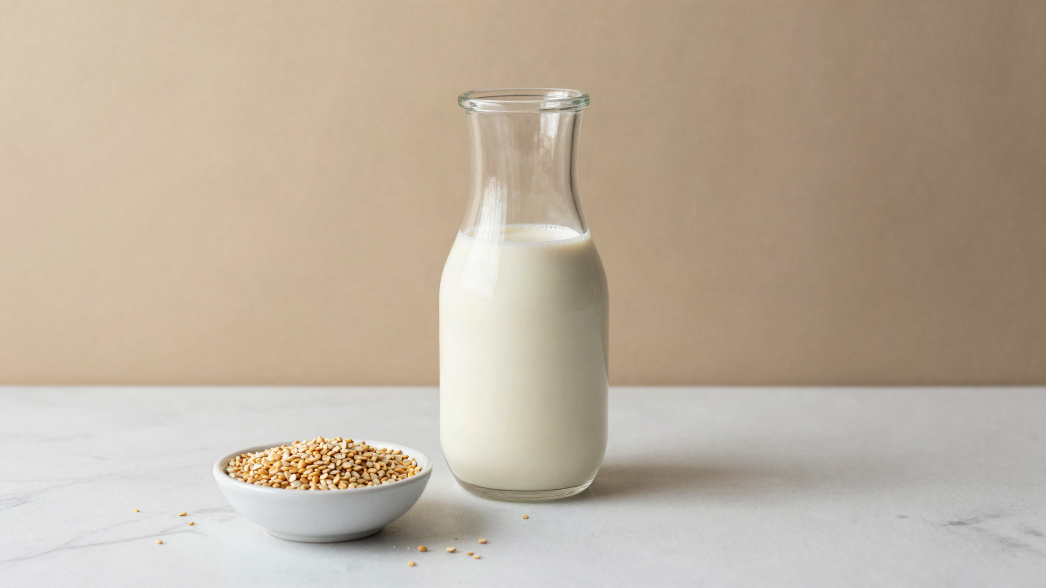 A glass carafe of creamy pale hemp milk beside a small dish of shelled hemp seeds on a marble surface