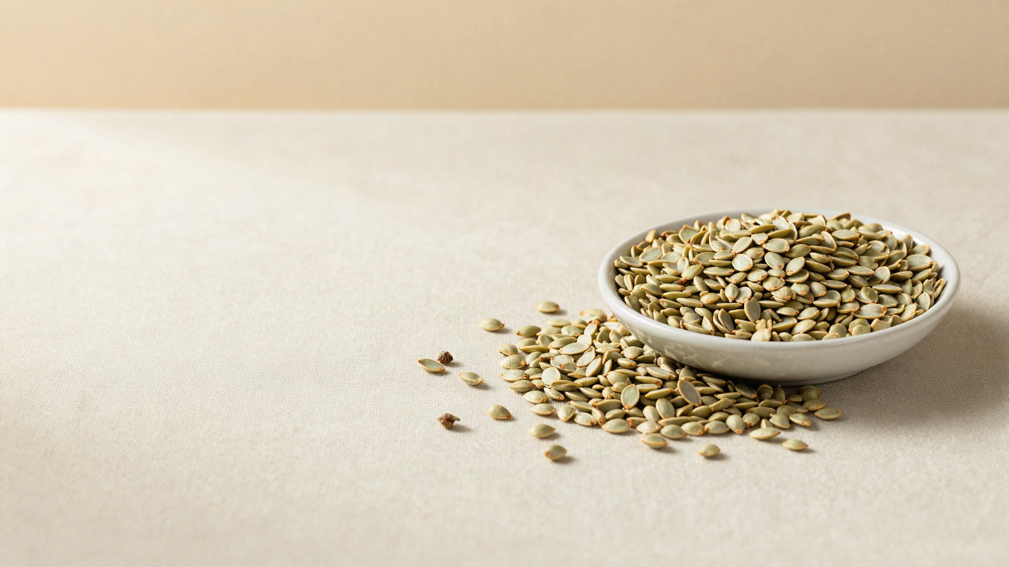 Shelled hemp seeds spilling from a small ceramic dish onto light cream linen, showing the pale green kernels