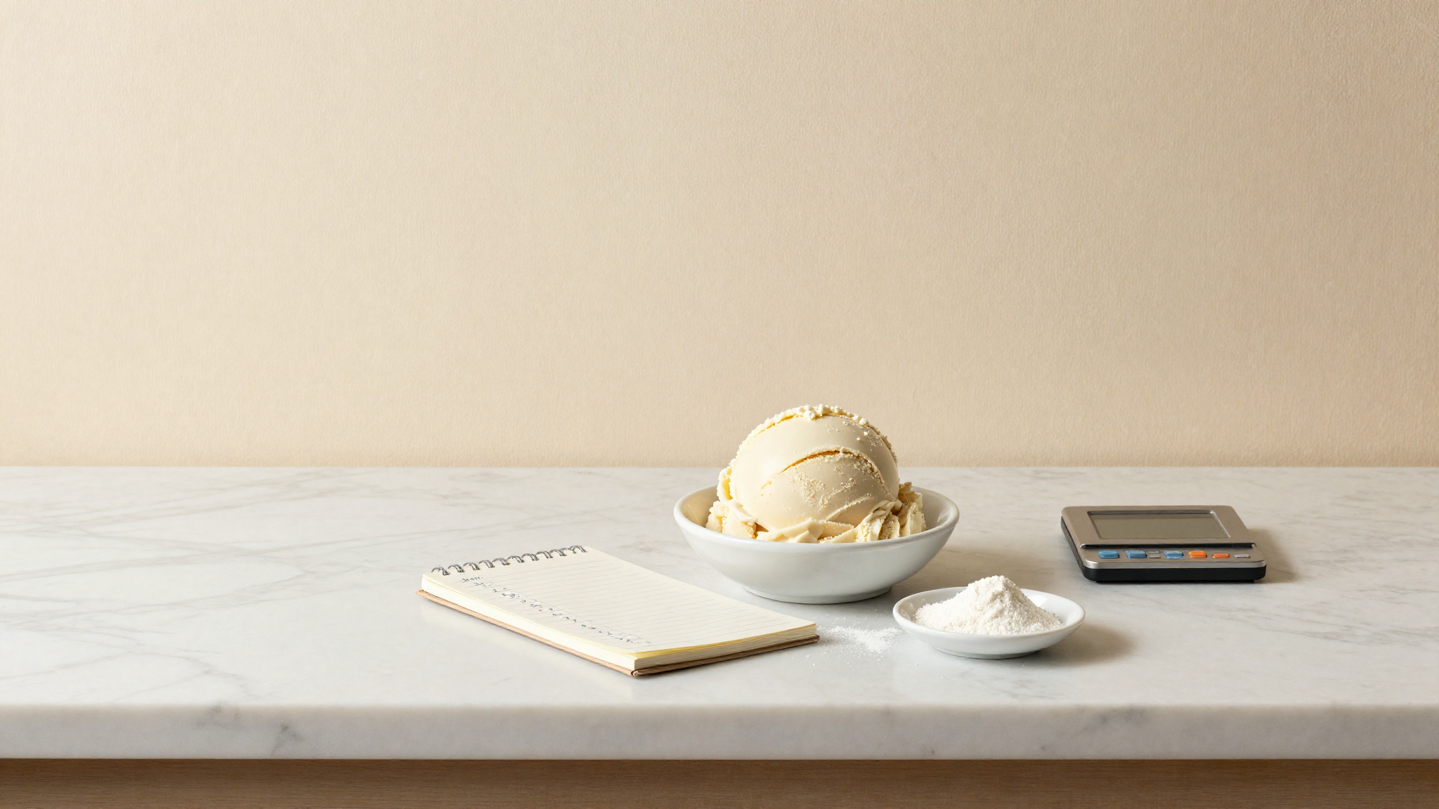 Top-down marble counter with pale gelato scoop notebook tiny scale and protein powder dish science meets craft