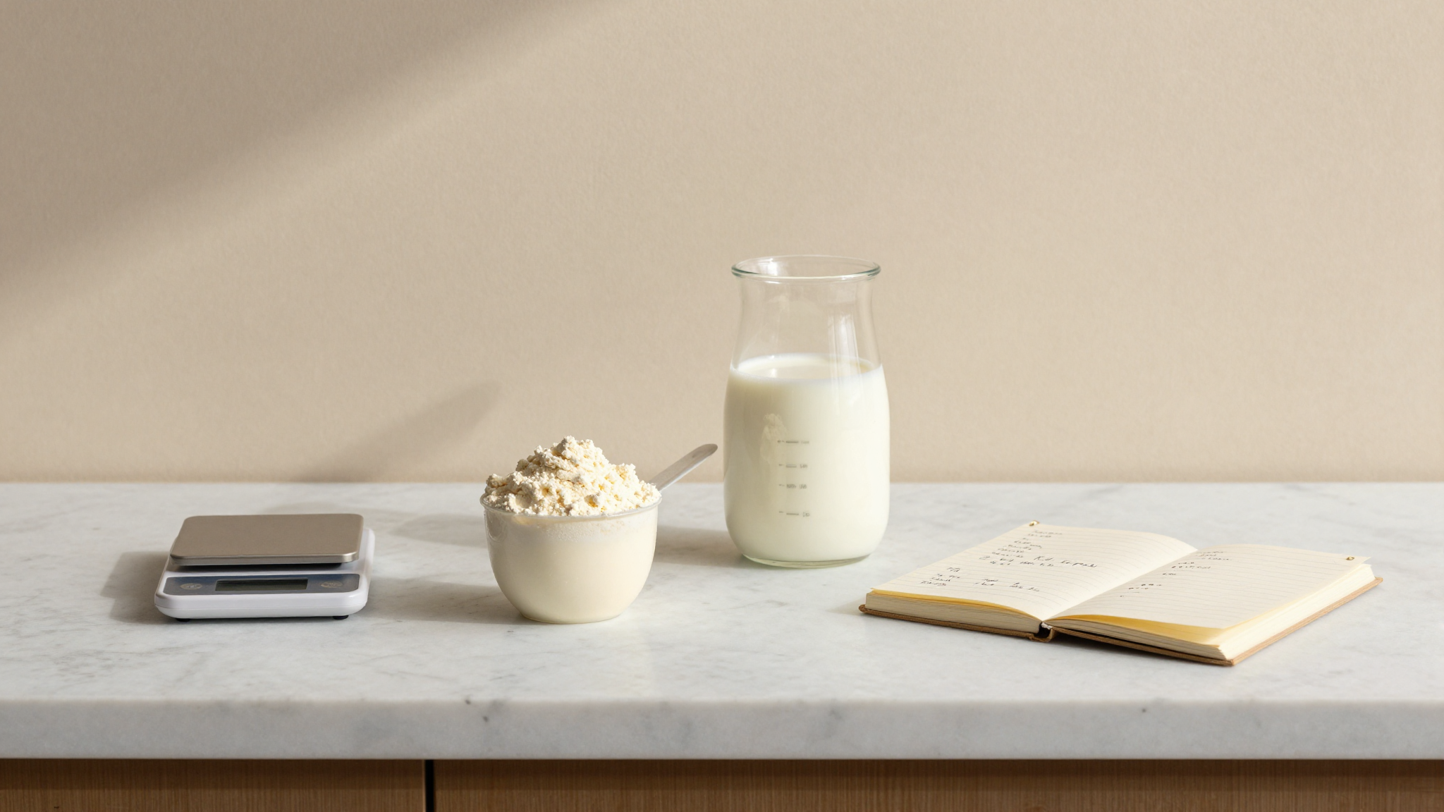 Editorial still life of high protein gelato ingredients white scoop of whey protein powder glass jar of skim milk tiny digital scale and balance notebook on marble