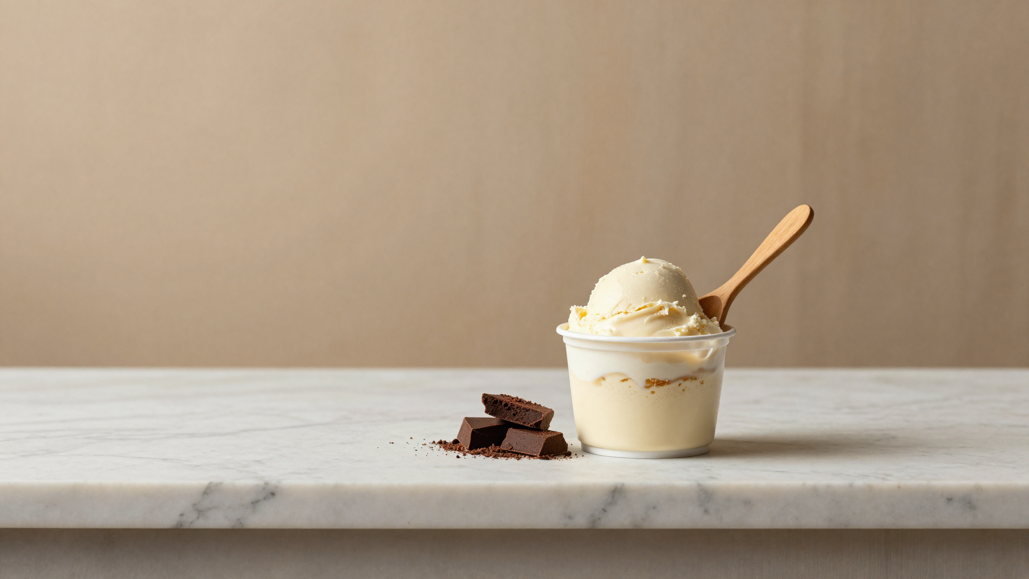 High protein gelato in premium pint cup with wooden spoon and dark chocolate shavings on marble counter