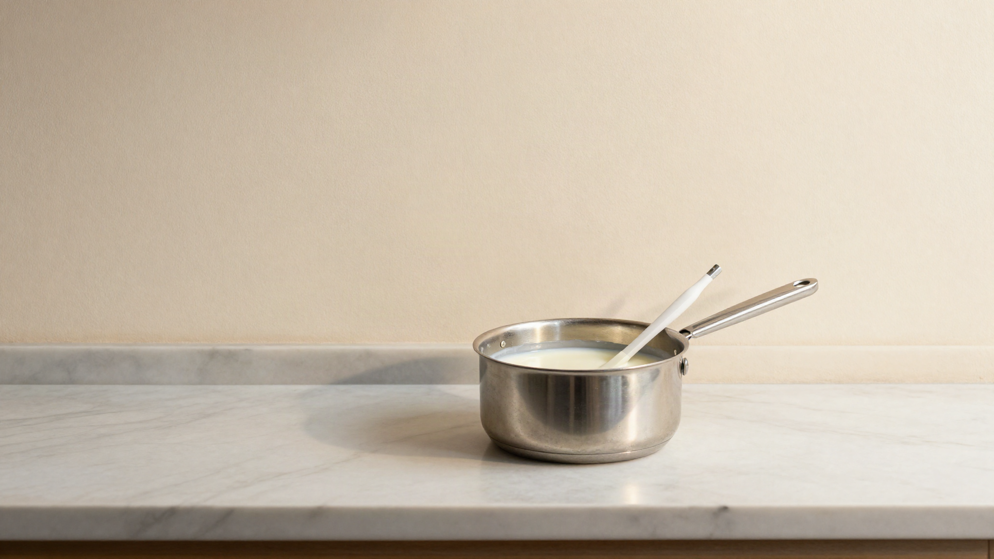 A small stainless saucepan of gently warming milk on a clean counter with a slim digital thermometer probe resting in it