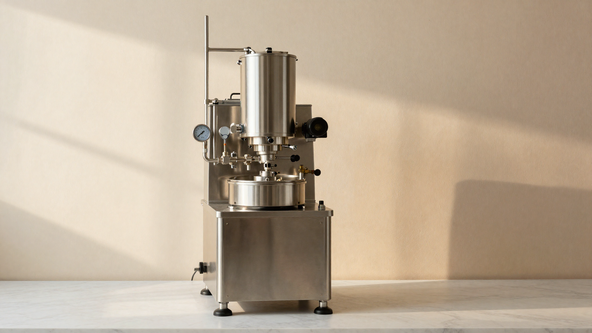 Stainless steel high pressure homogenizer machine in an Italian gelato lab