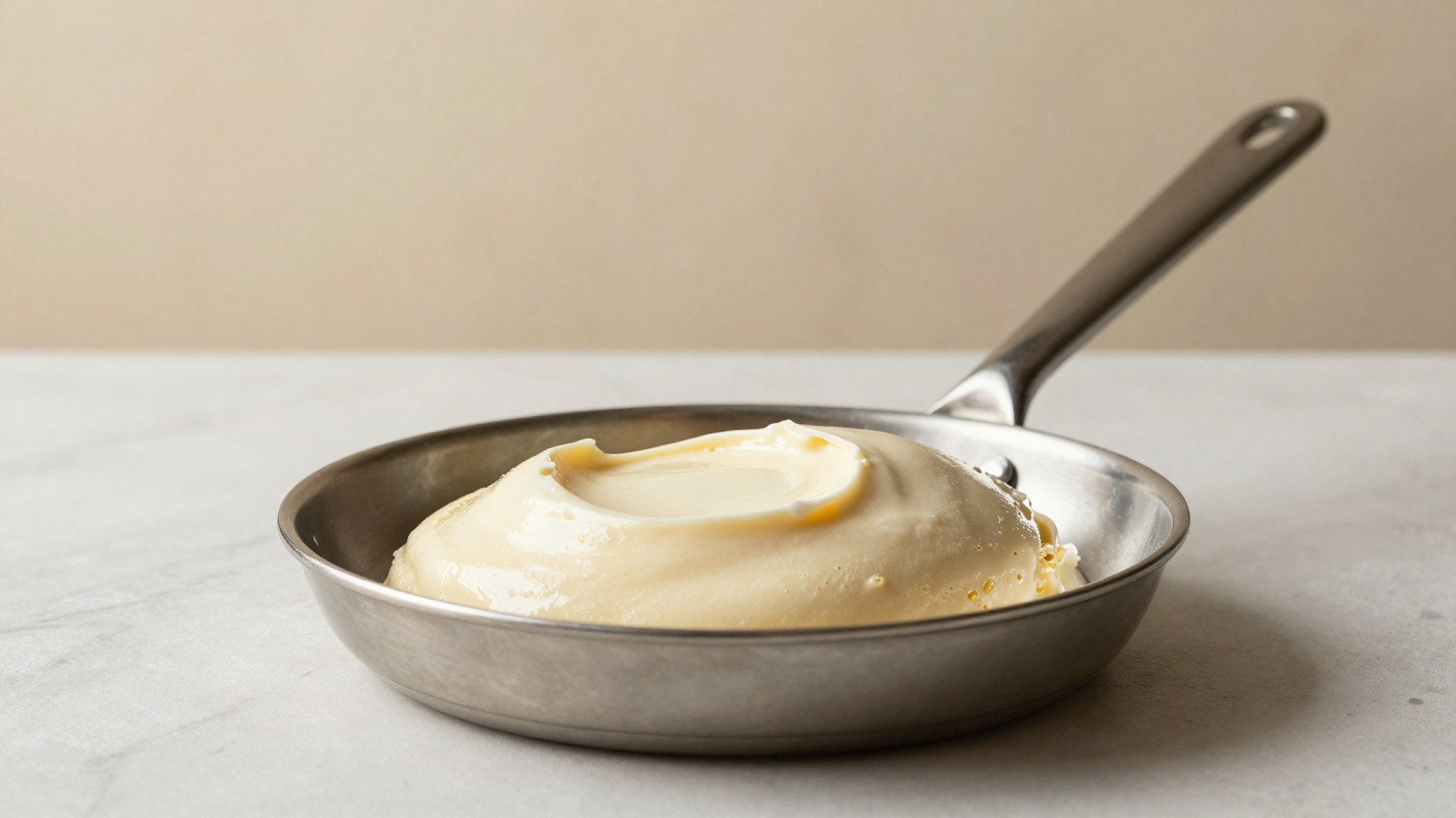 Glossy ribbon of freshly churned fior di latte gelato in a stainless pan