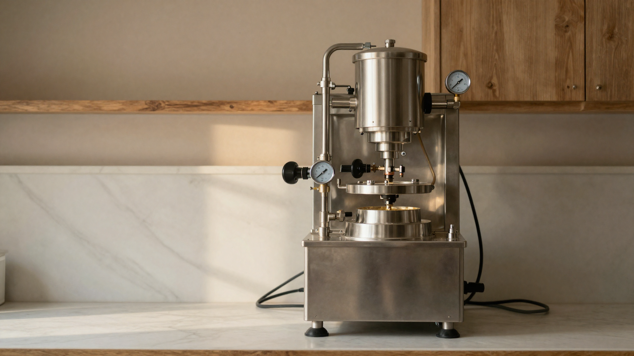 Stainless steel two-stage homogenizer in a clean Italian gelato lab