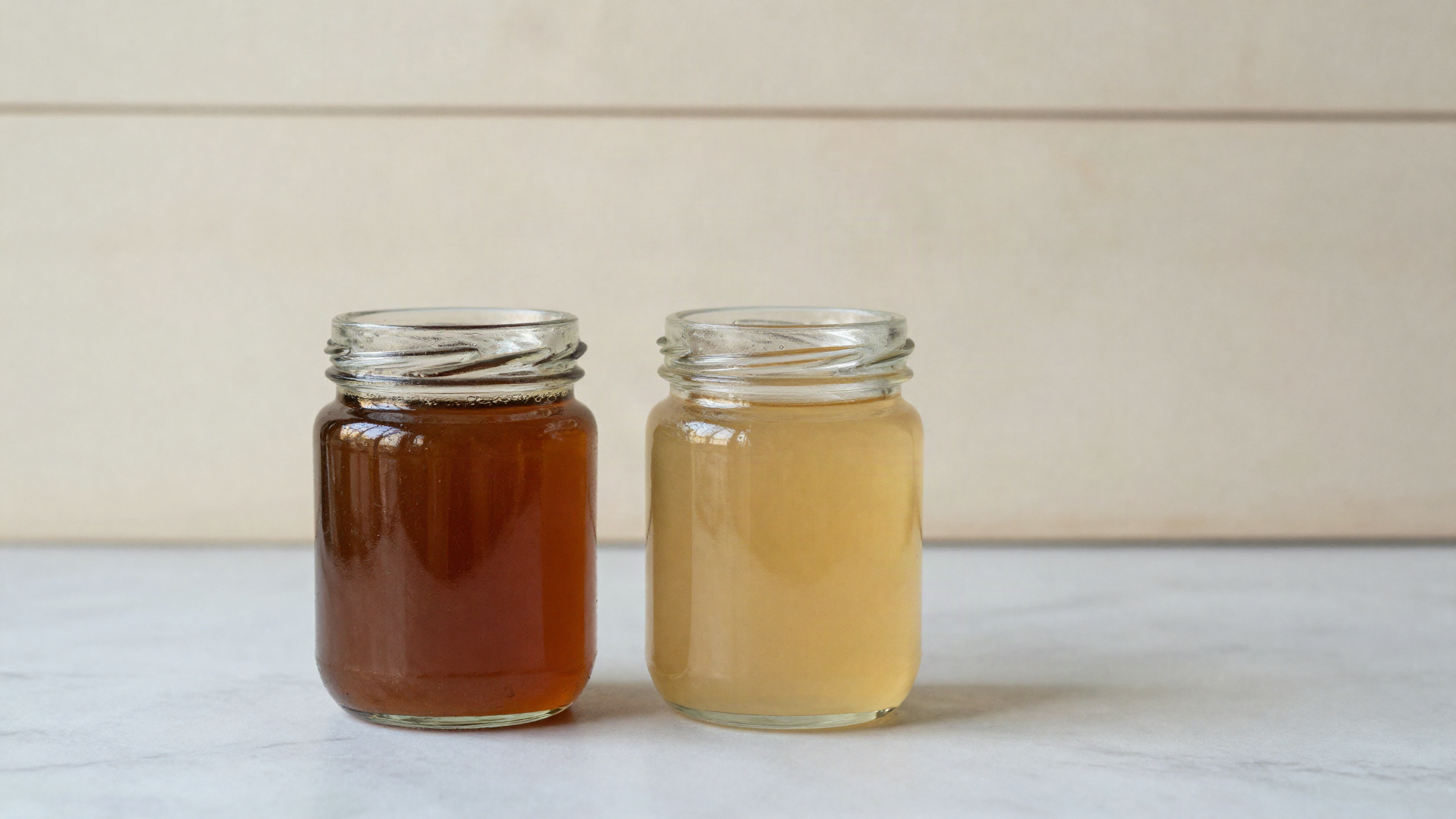 Two glass jars side by side on marble, dark amber honey and pale golden agave syrup