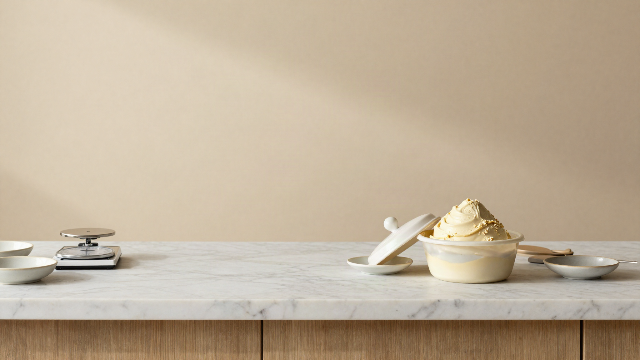 A marble counter seen from above with a small tub of pale gelato, a tiny scale, a notebook and small ceramic dishes