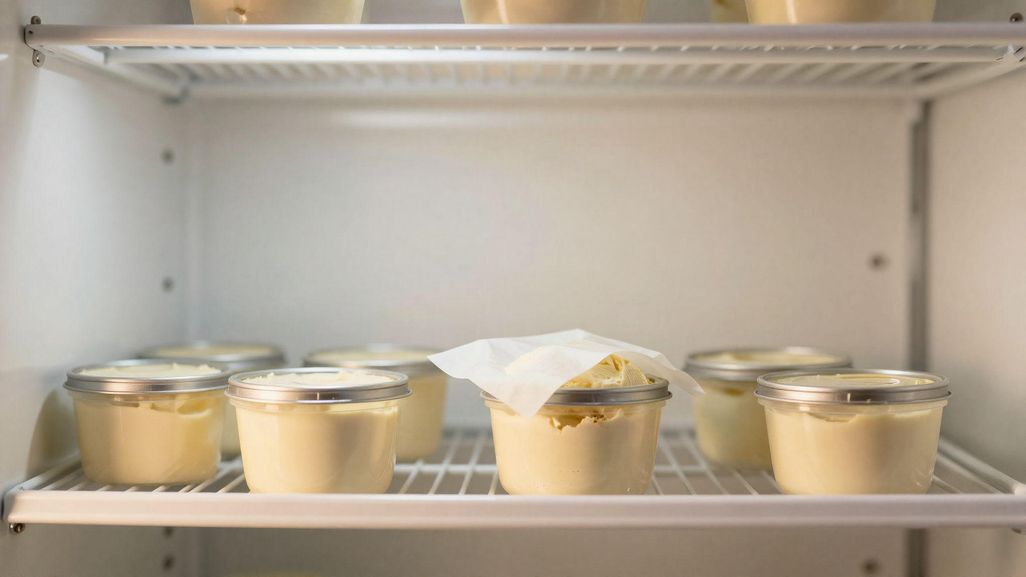 Small lidded containers of pale gelato on a freezer shelf with baking paper pressed onto the surface of one