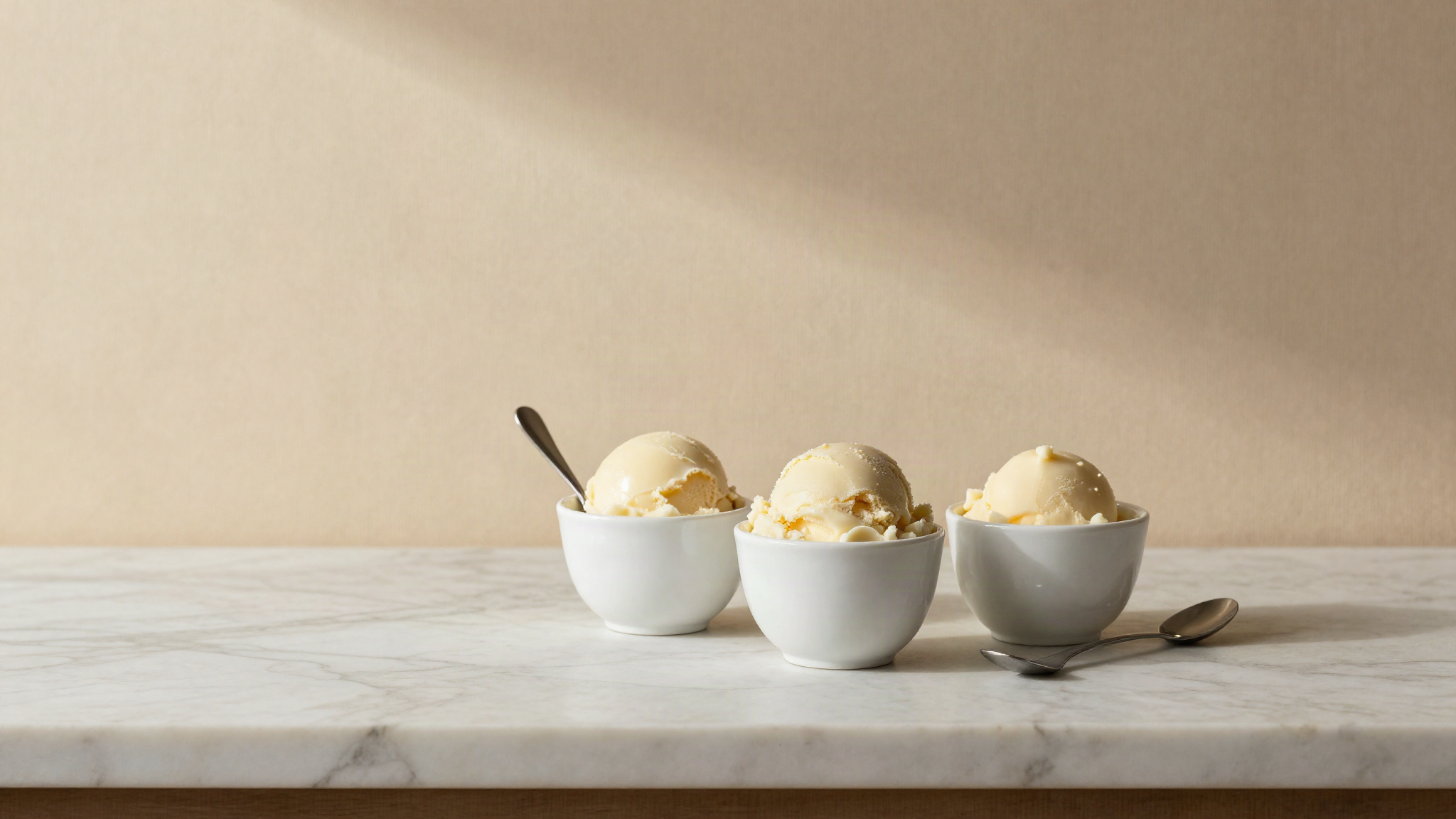 Two small white ceramic cups of pale gelato tempering on a marble counter beside a tub with its lid off
