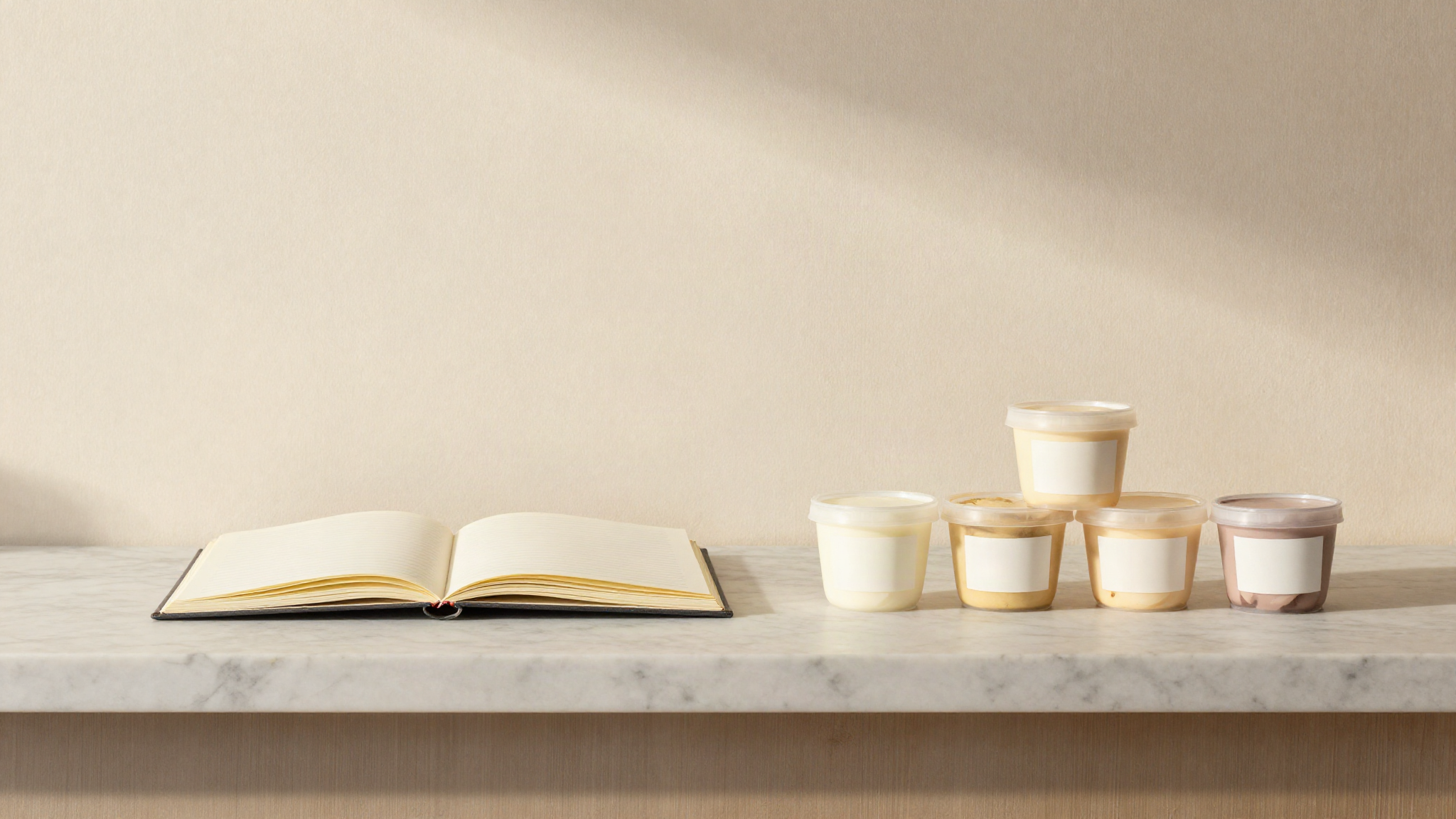 A small open notebook beside four identical small gelato containers with blank labels on a marble counter
