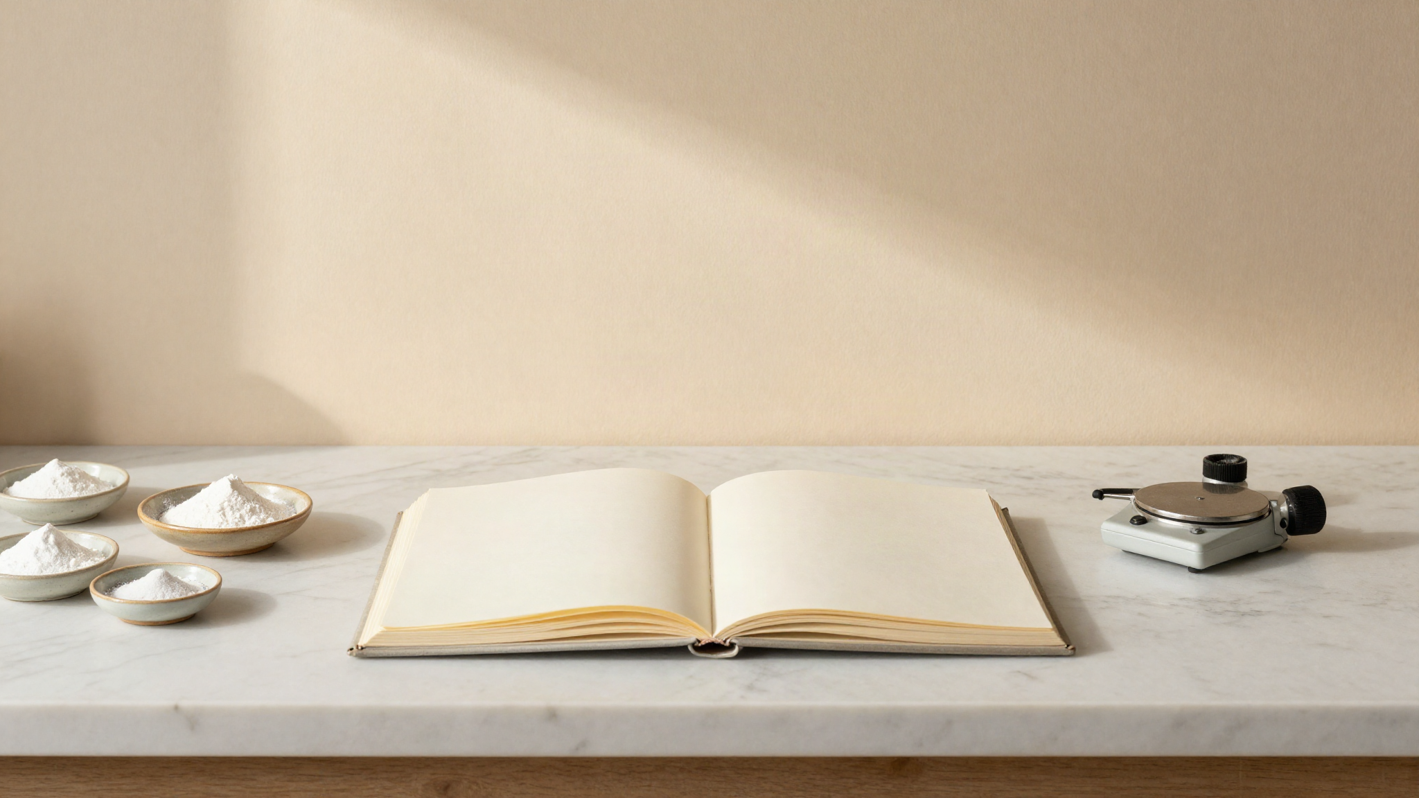 A top down marble counter with an open notebook, a precision scale and small ceramic dishes of white stabilizer powder