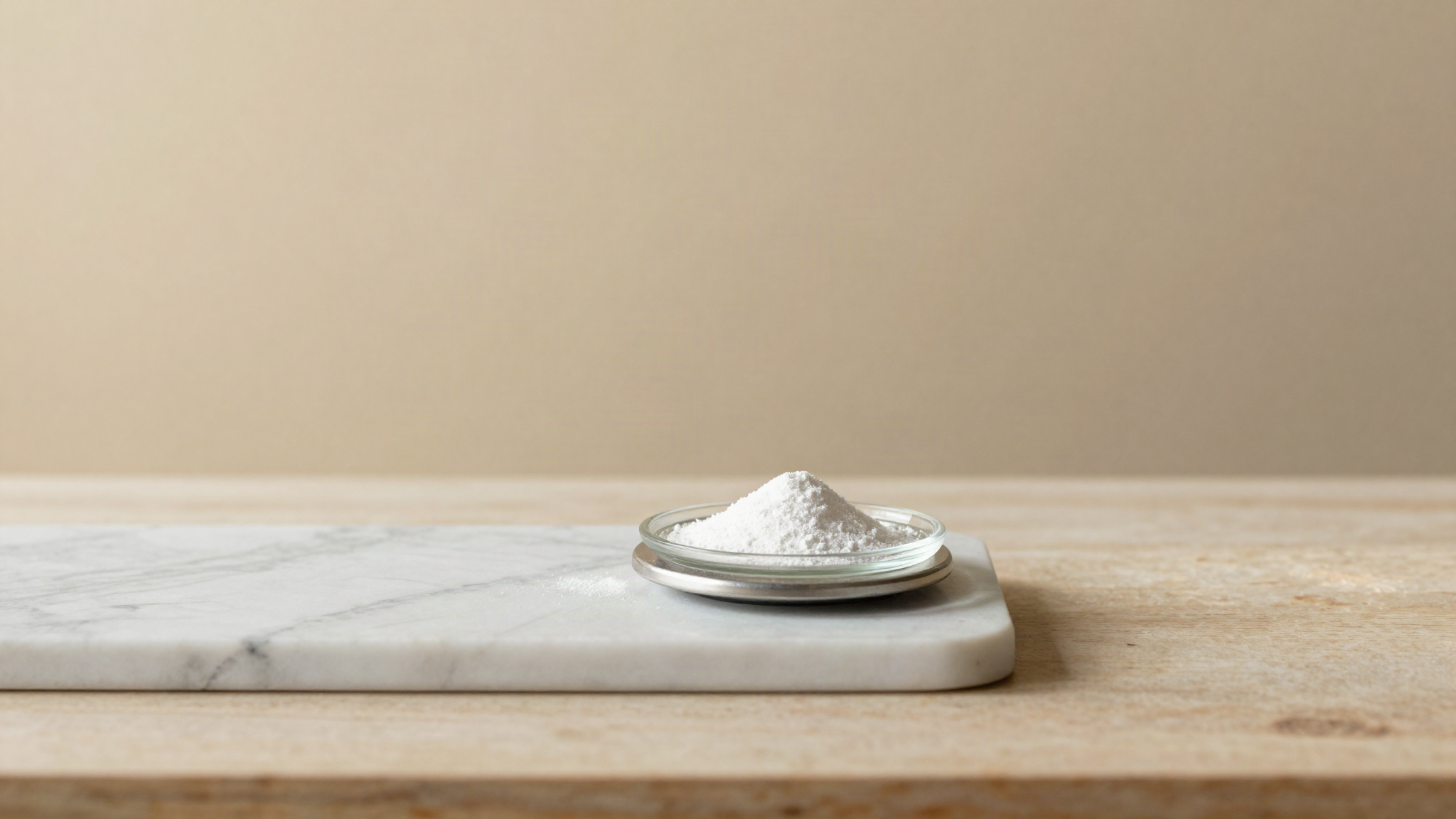 A digital jewellery scale on white marble holding a small glass dish of fine white stabilizer powder