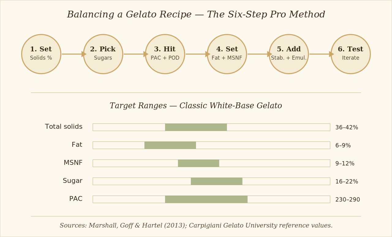 Pipeline of six steps for balancing a gelato recipe with target ranges for total solids fat MSNF sugar and PAC