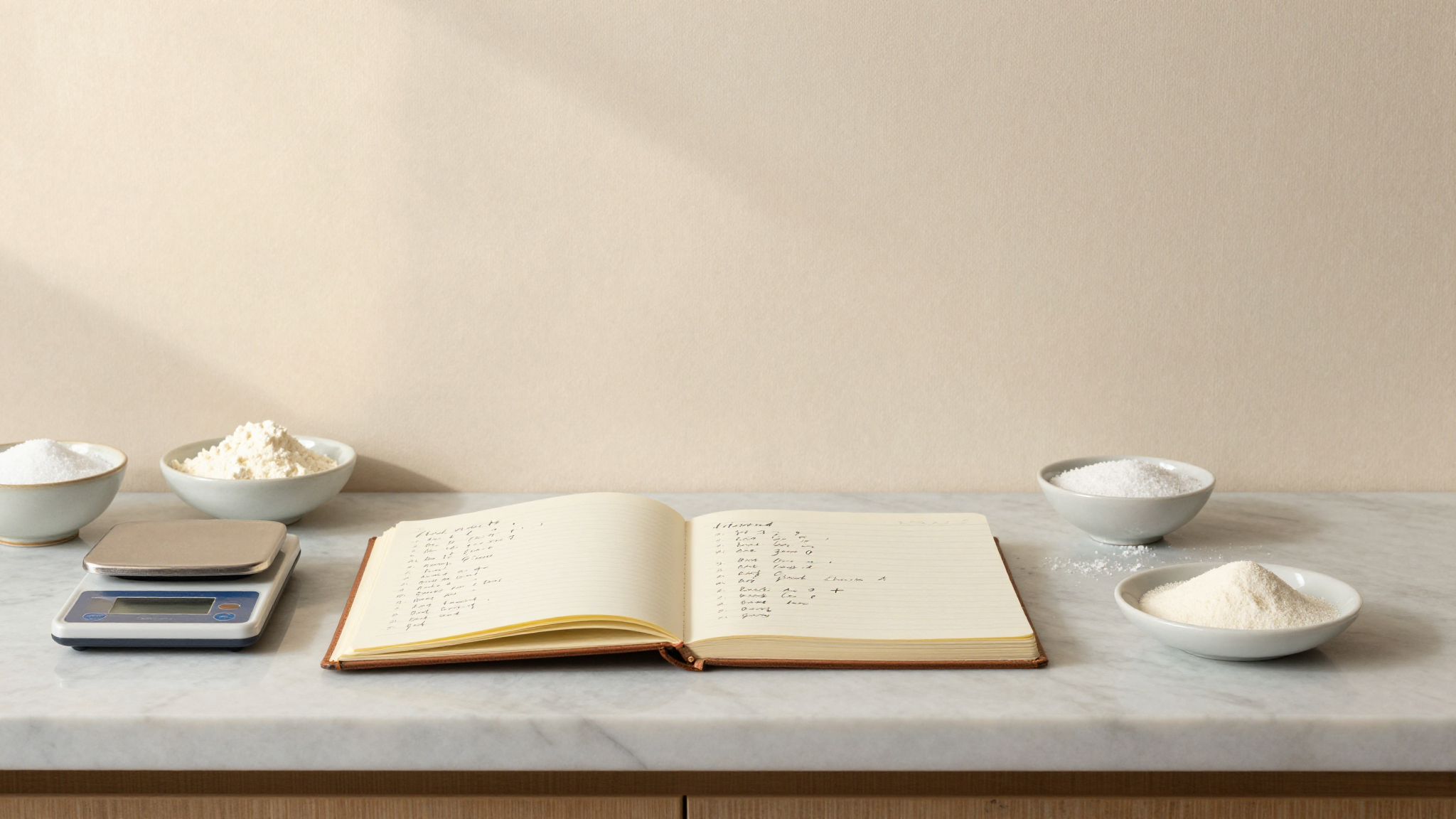 Marble counter with leather notebook of handwritten ingredient ratios, a tiny digital scale and ceramic dishes of milk powder sugar dextrose and cream