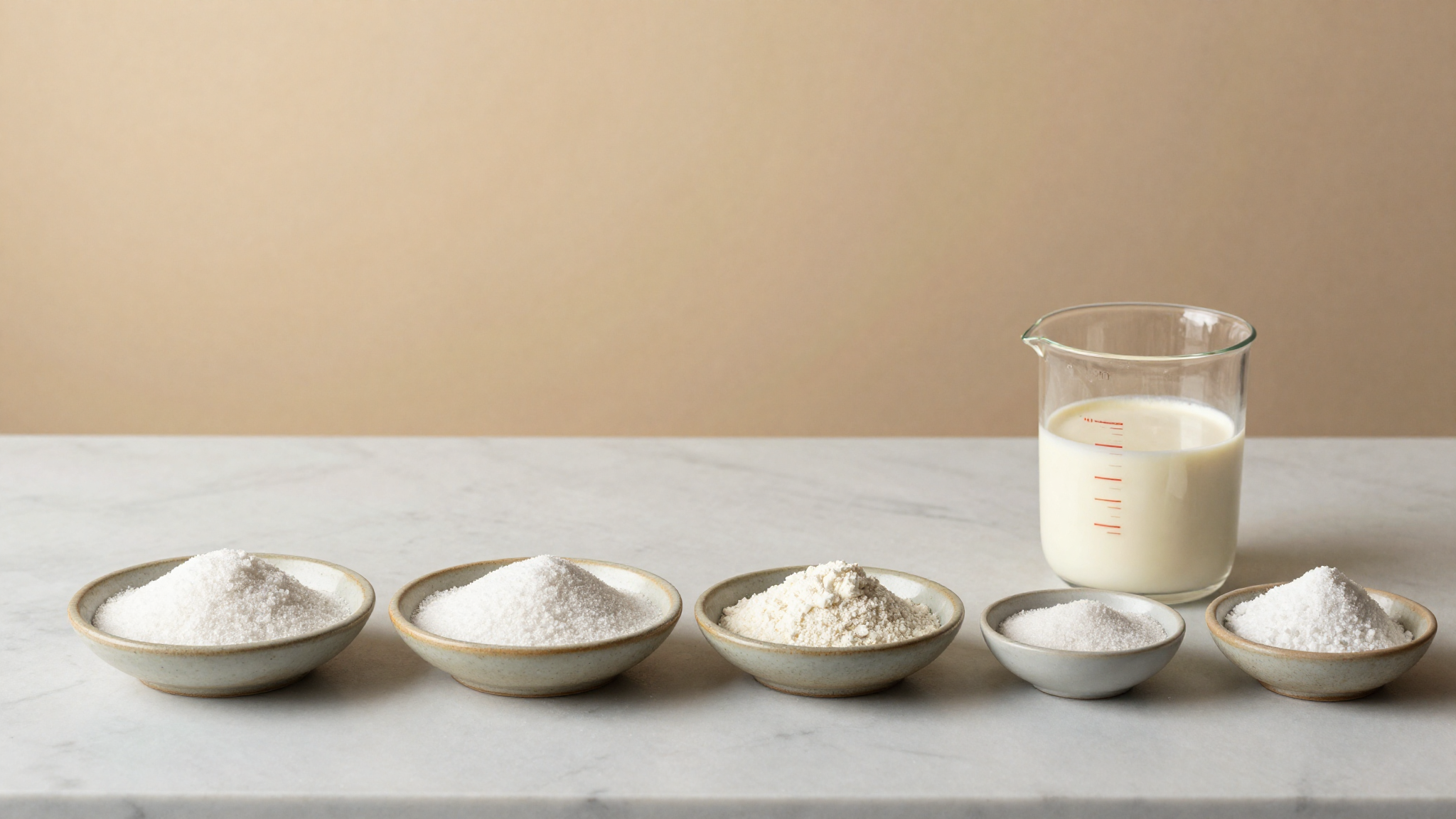 Small ceramic dishes of granulated white sugar dextrose powder and skim milk powder lined up on a marble counter alongside a graduated glass beaker of cream