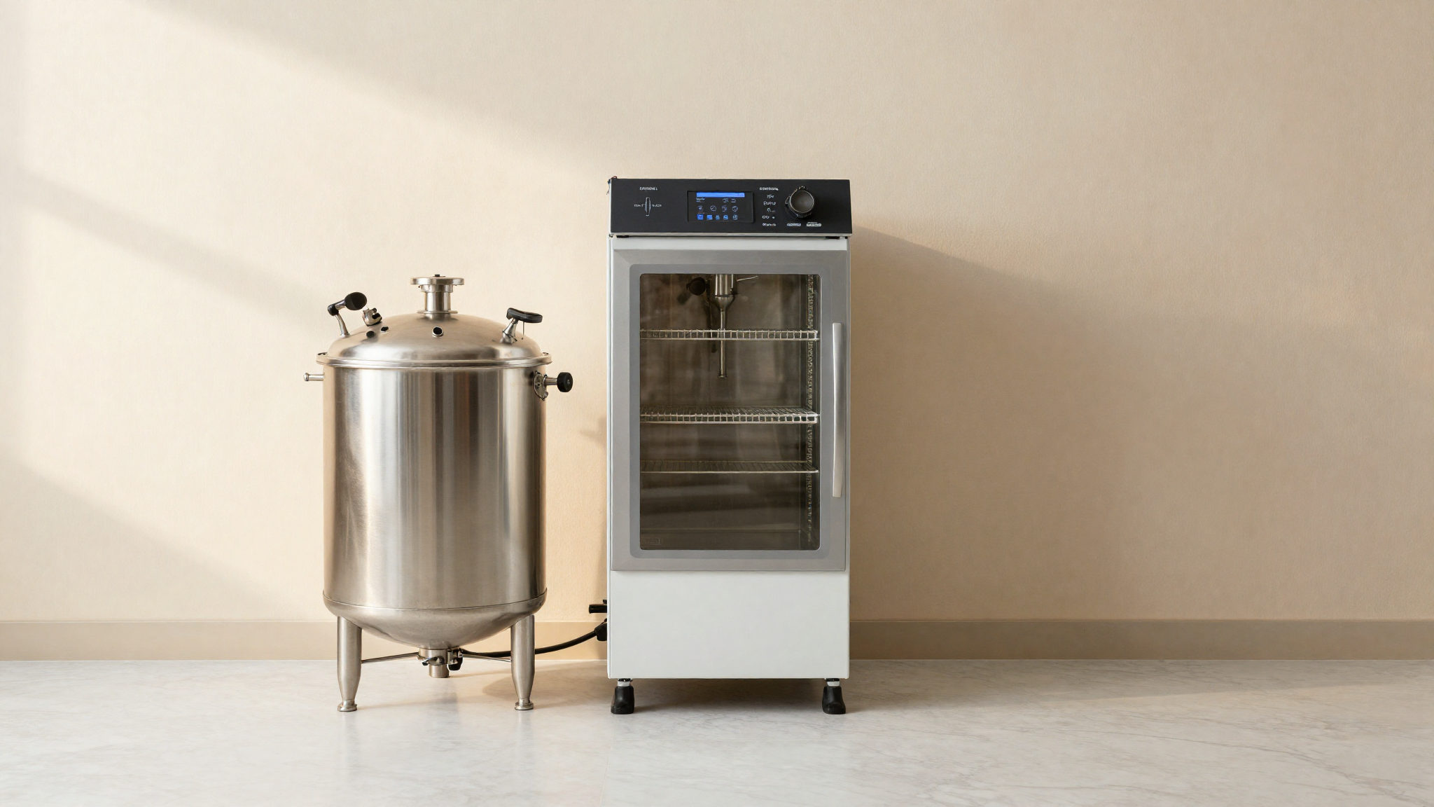 A polished stainless steel professional pasteurizer and a vertical batch freezer in a clean italian gelato lab side by side