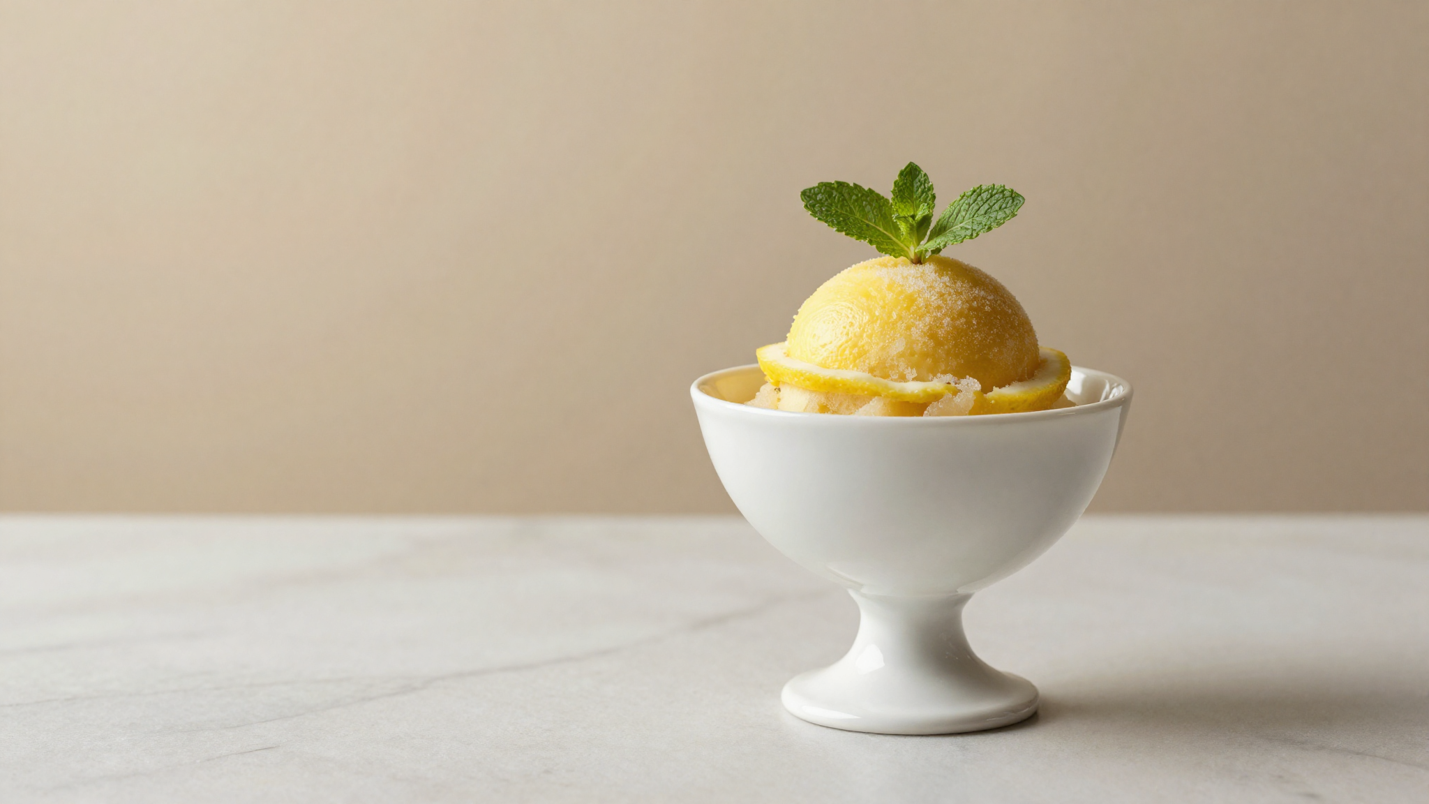 Lemon sorbetto in a chilled coupe garnished with mint, presented on white marble