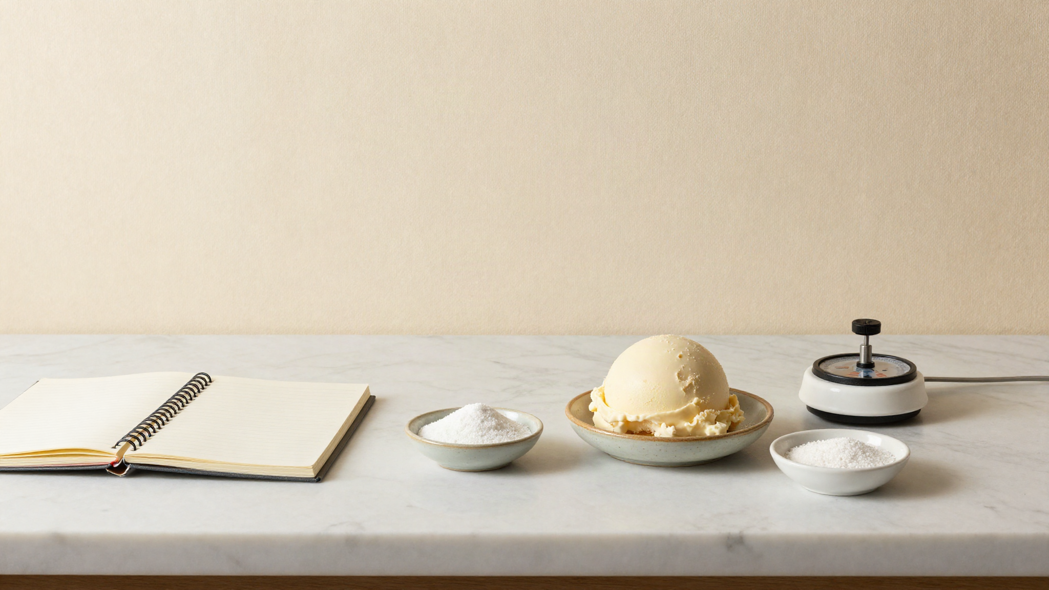 Marble counter with a notebook, scale, refractometer and ceramic dishes of sugar and milk powder beside a smooth scoop of gelato