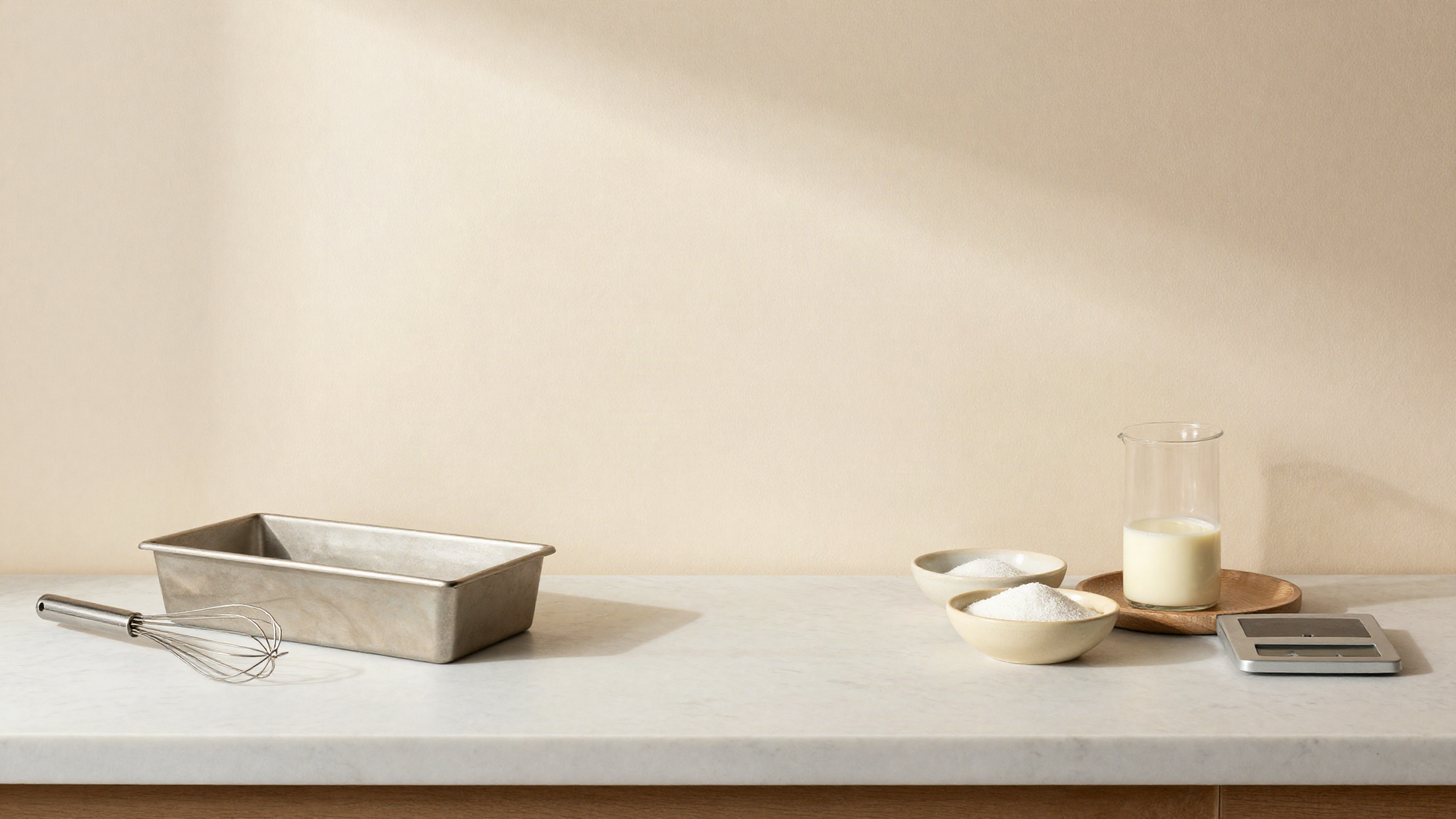 Marble counter with a shallow metal loaf pan, hand whisk, digital scale and ceramic dishes of milk and sugar