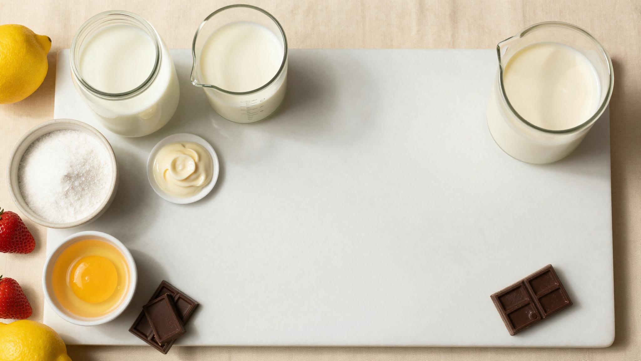 Flat lay of gelato base ingredients on white marble: milk cream sugar dextrose skim milk powder LBG egg yolks pistachio paste chocolate strawberries