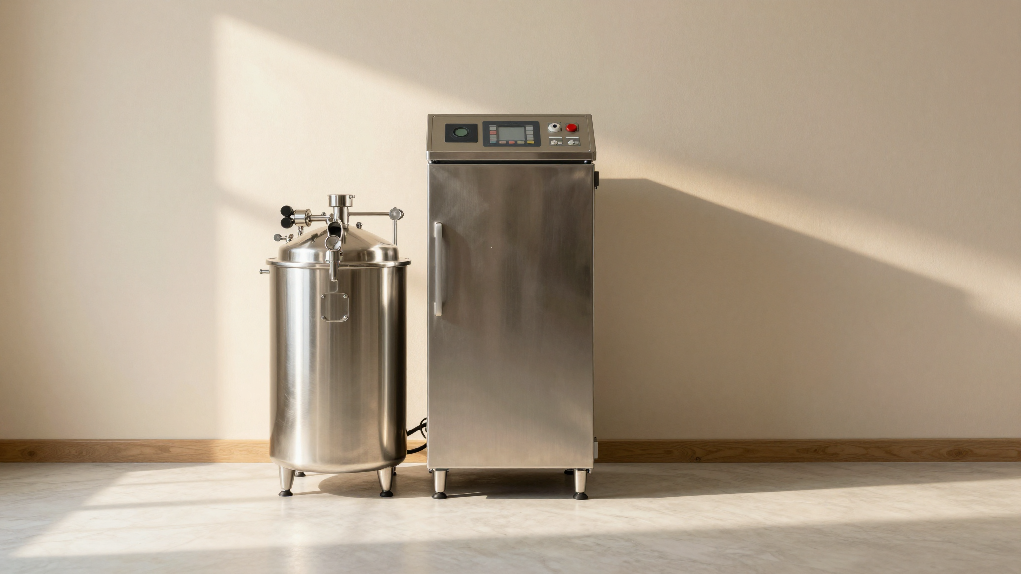 Polished stainless steel professional pasteurizer and vertical batch freezer mantecatore side by side in a clean italian gelato lab
