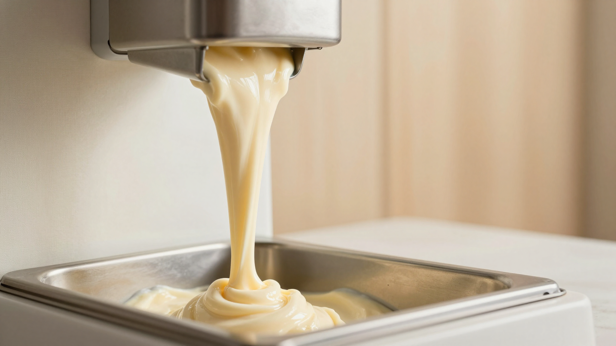 Extreme close-up of fresh italian gelato being extracted from a professional vertical batch freezer mantecatore smooth elastic cream pouring into a stainless steel pan