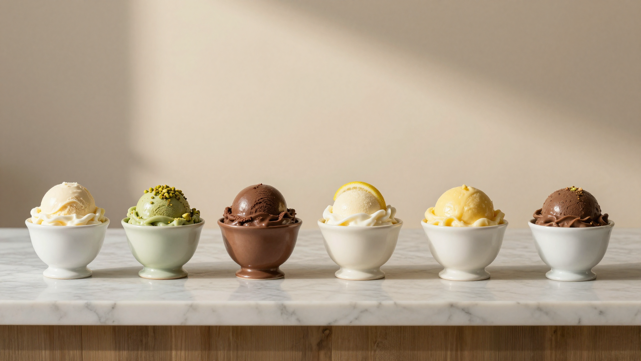 Editorial display row of finished italian gelato in elegant ceramic cups on a marble counter fior di latte pistacchio cioccolato stracciatella sorbetto al limone