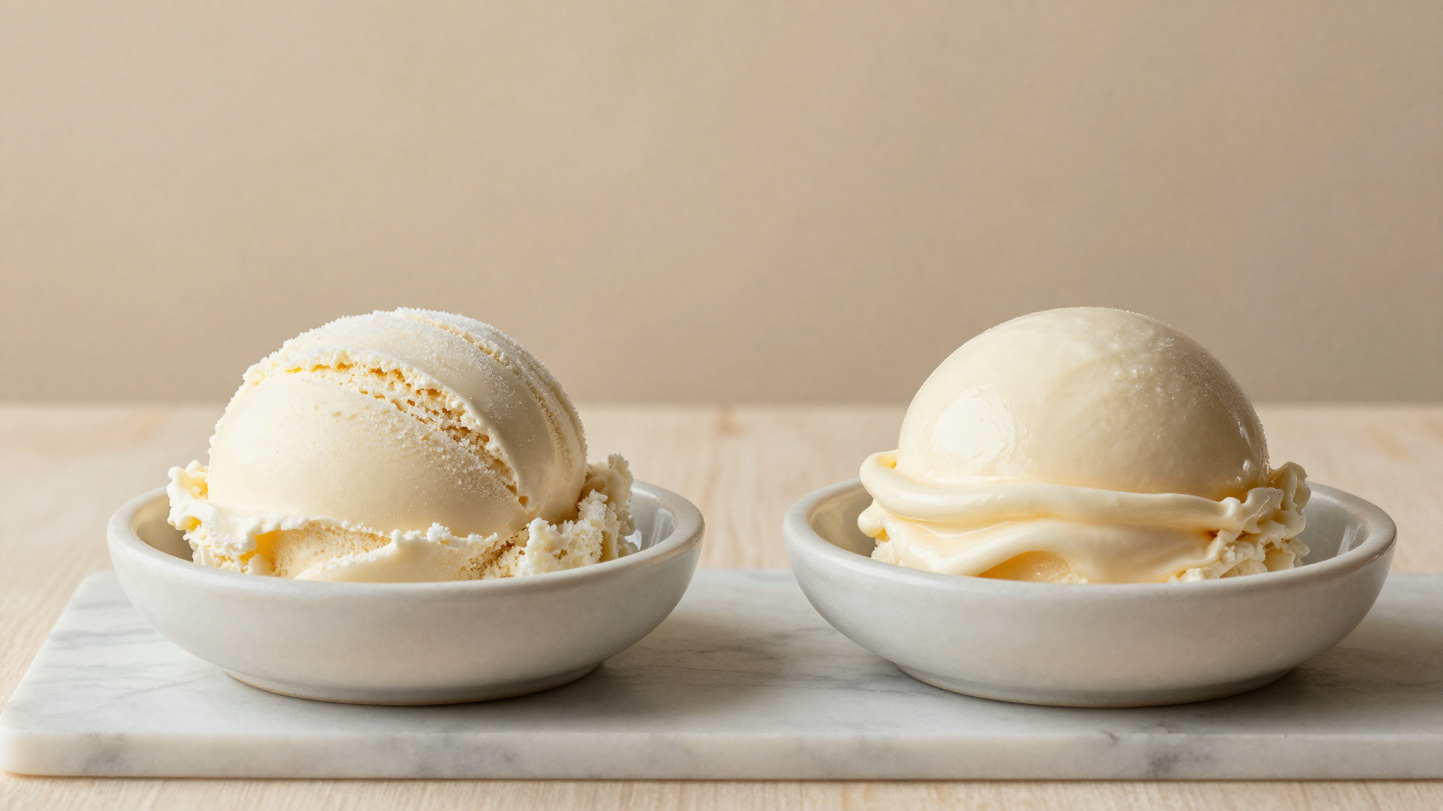 Side by side comparison of icy crystalline gelato versus smooth glossy gelato on white marble surface showing the texture difference of a balanced recipe