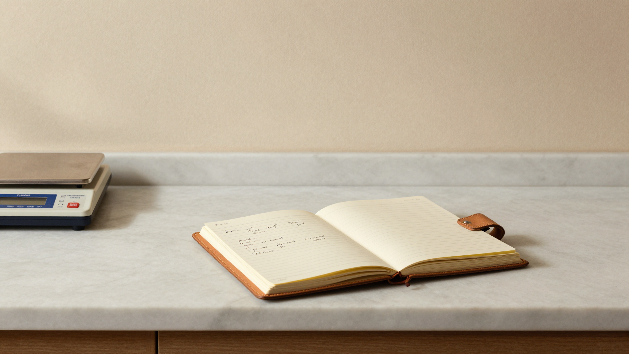 Small leather notebook open on a marble counter beside a lab analytical scale and refractometer with handwritten gelato recipe formula evoking a professional gelatiere documenting batches