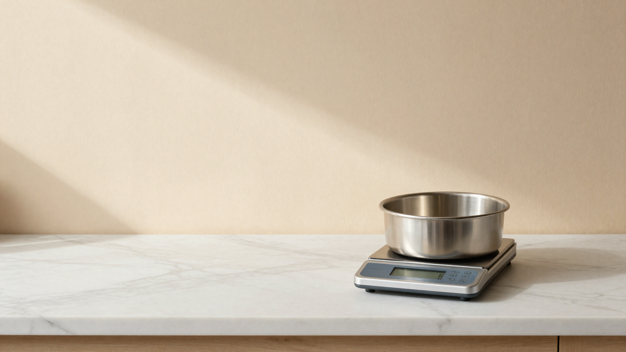 Small digital kitchen scale on white marble beside an empty stainless gelato tub, science-meets-craft mood