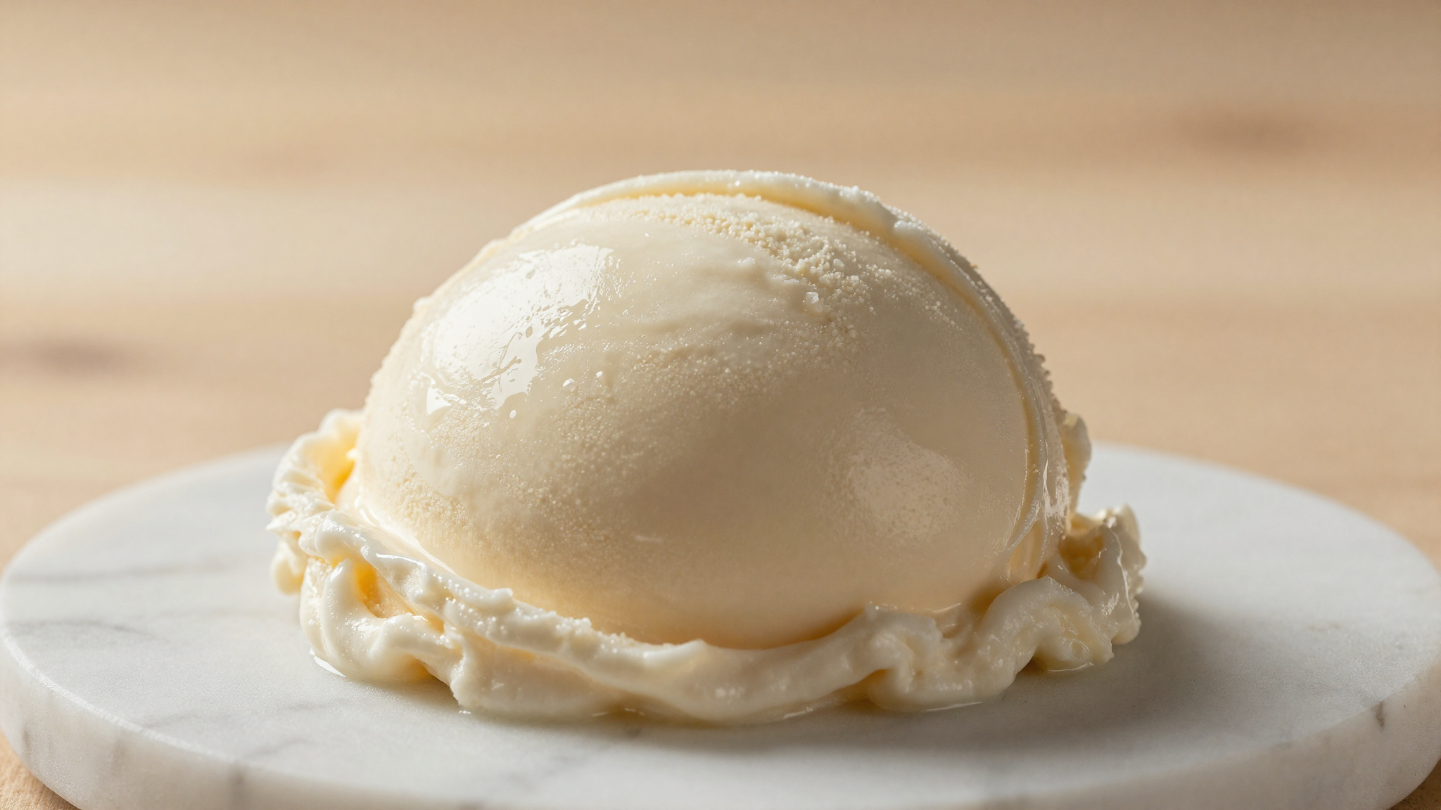 Extreme close-up macro of a glossy ultra-smooth scoop of pale gelato on white marble