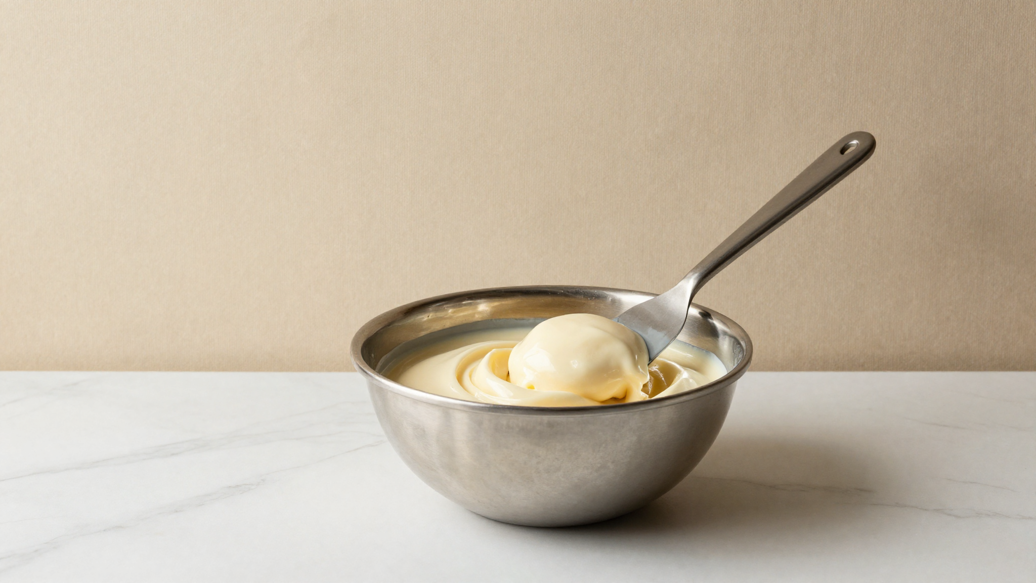 A creamy gelato base being lifted on a spatula showing glossy smooth body in a stainless steel bowl