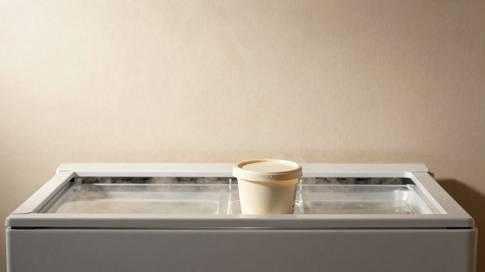 Covered gelato tub in cold storage with soft frost and vapor