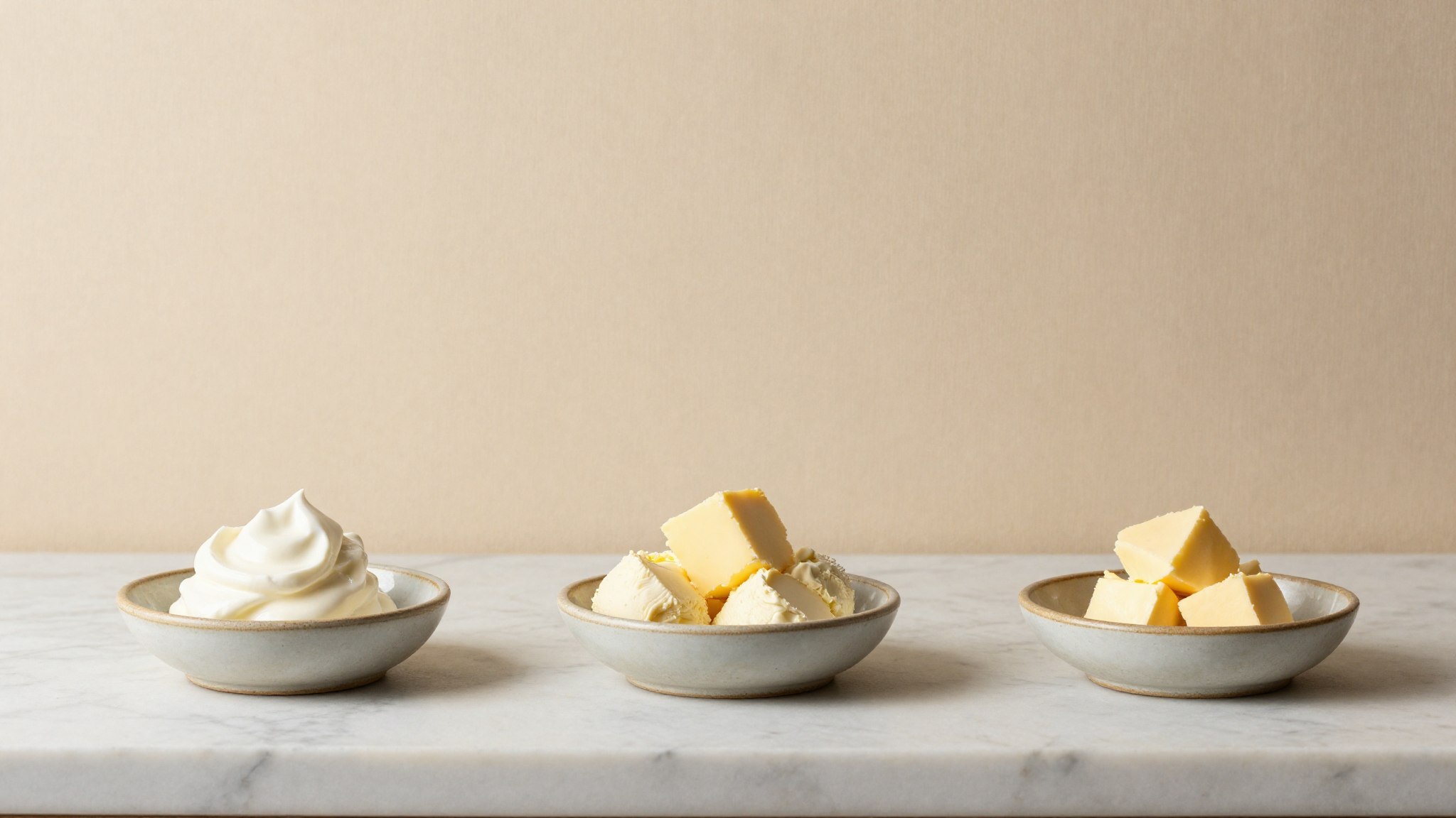 Three small ceramic dishes containing whole milk fresh cream and butter pieces arranged on a white marble counter