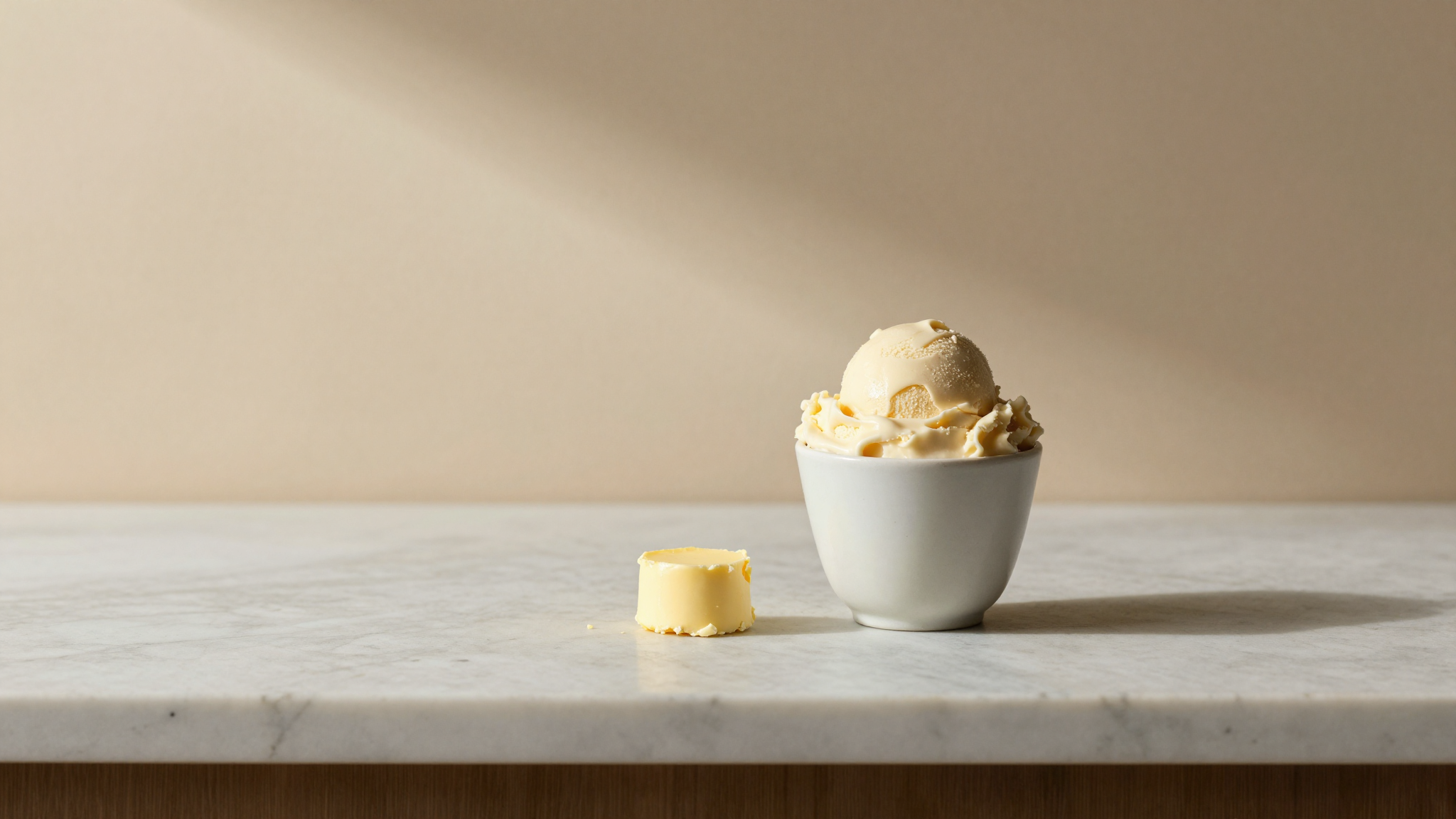 A small ceramic cup of pale fior di latte gelato sitting on a marble counter beside a small round of fresh butter