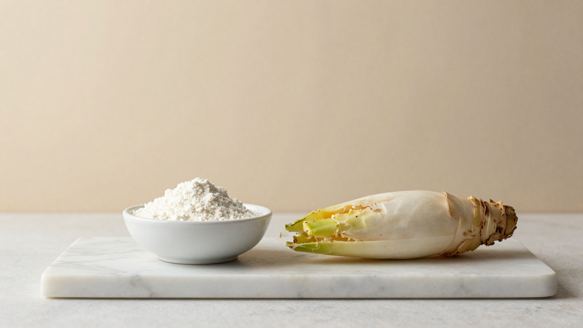 Chicory root and inulin powder — the source and the food-grade fiber used in gelato production