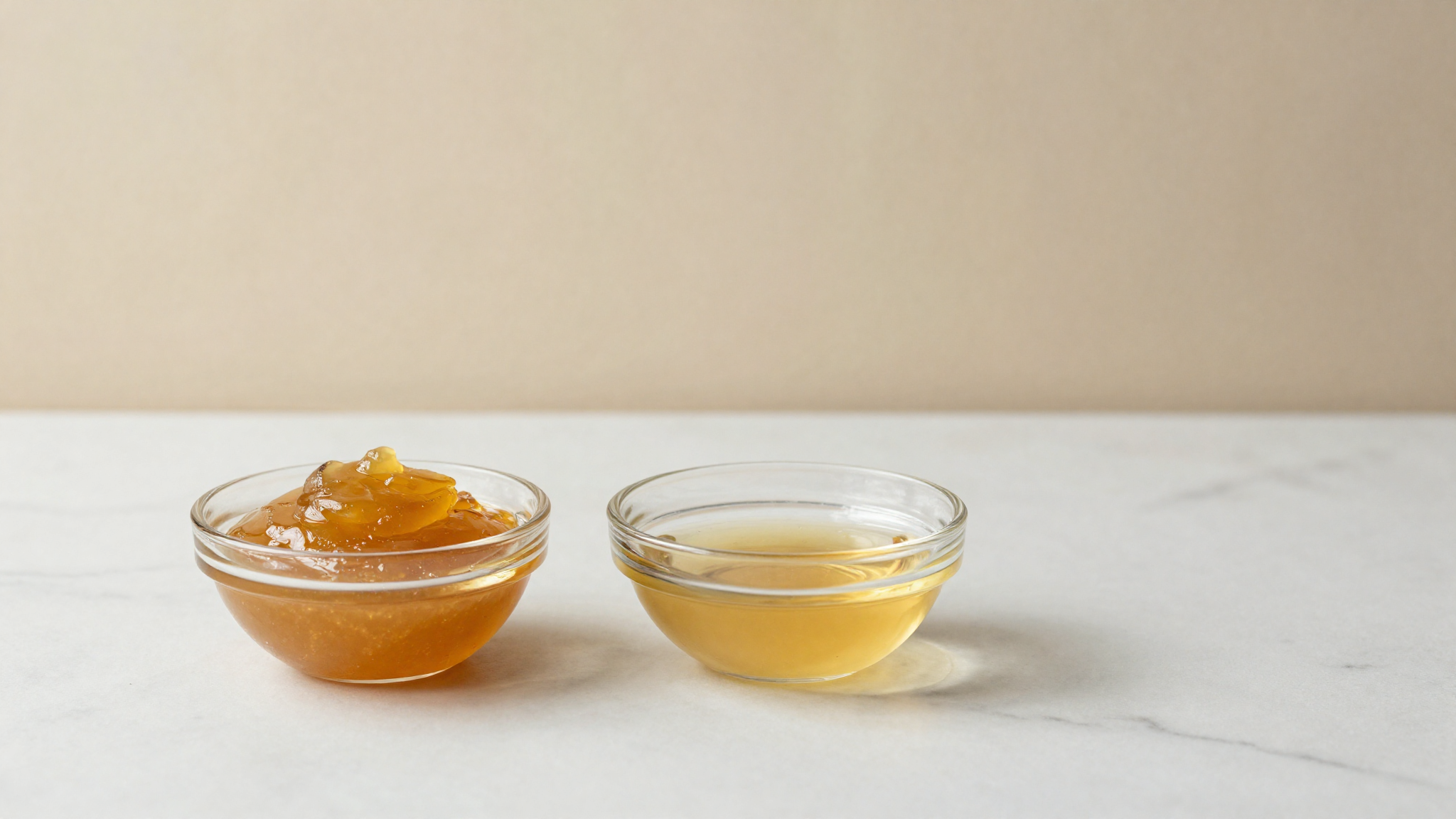 A glass bowl of golden invert sugar paste beside a bowl of clear glucose syrup on marble