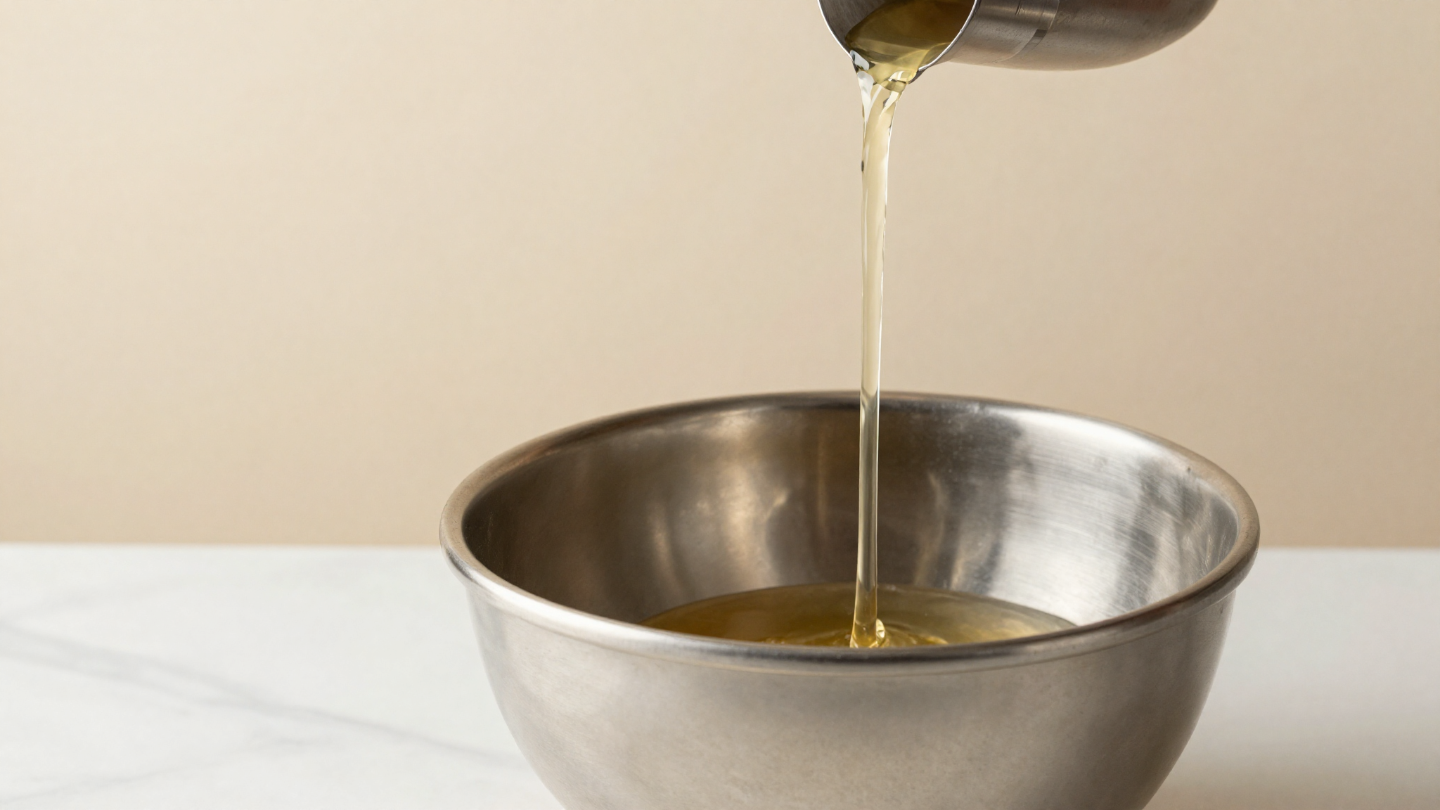 Clear glucose syrup being poured in a slow thick ribbon into a stainless steel bowl